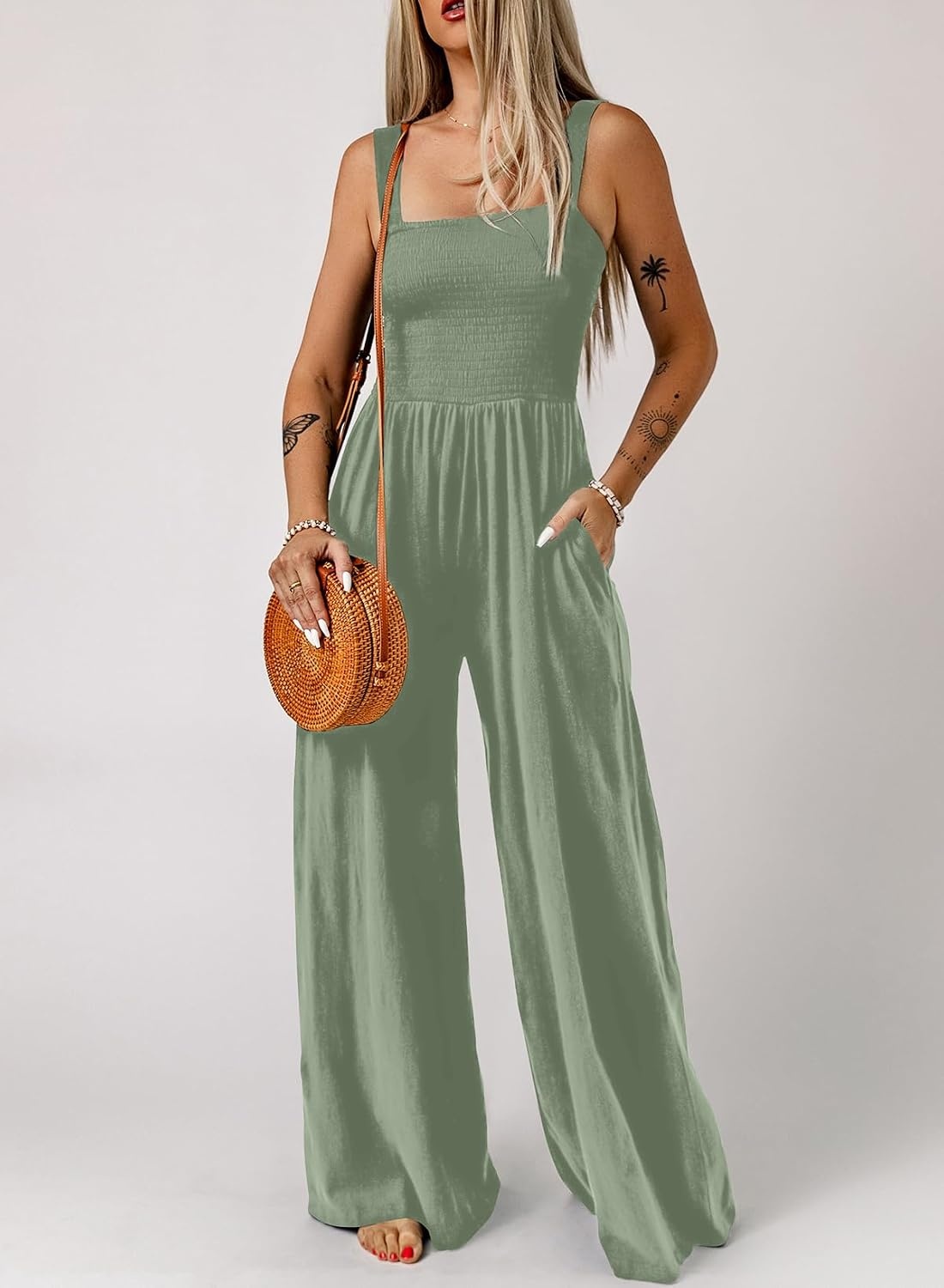 image:imageDokotoo Womens Casual Jumpsuits One Piece Sleeveless Wide Leg RompersLaurel Green