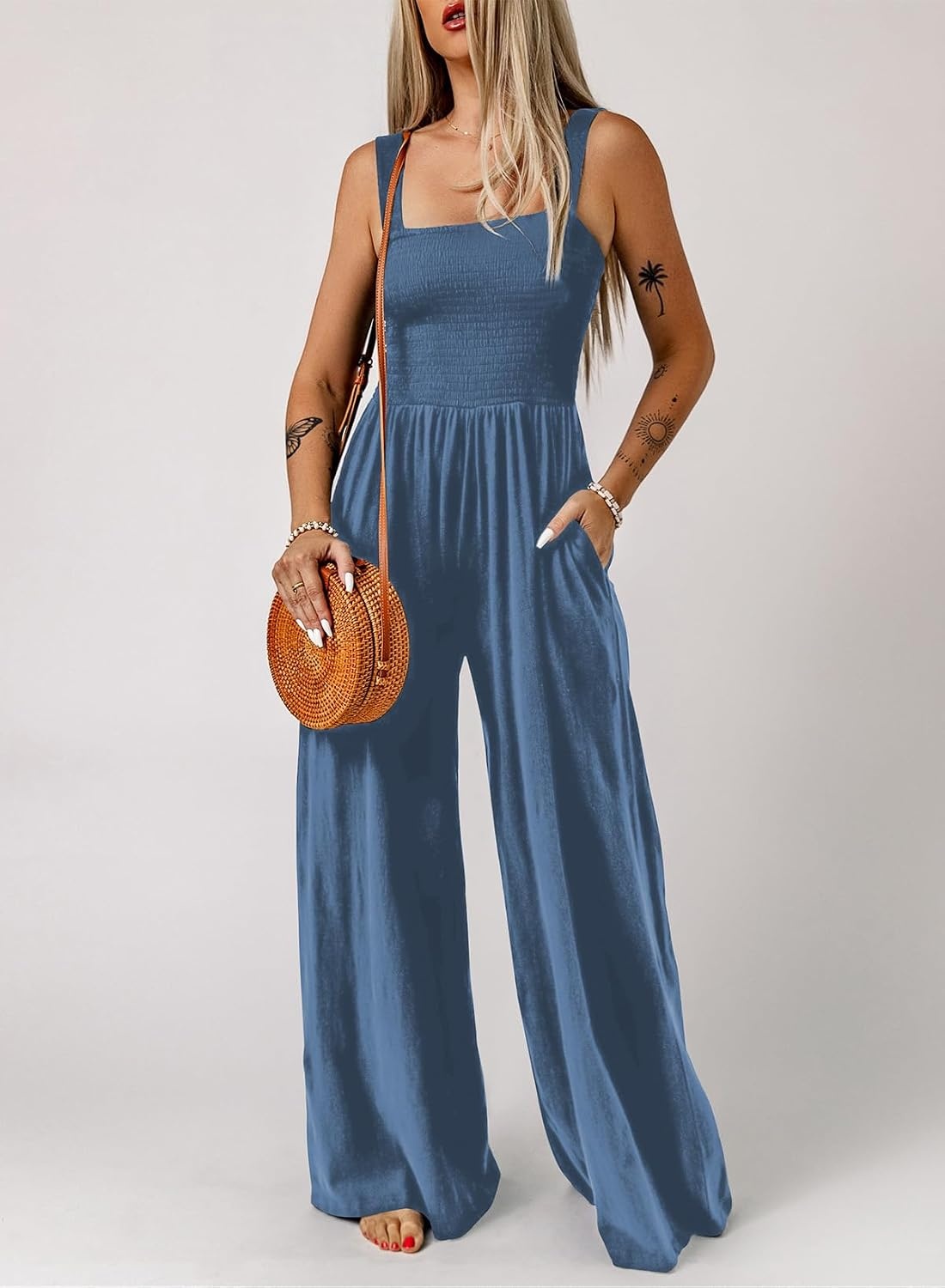 image:imageDokotoo Womens Casual Jumpsuits One Piece Sleeveless Wide Leg RompersLight Blue