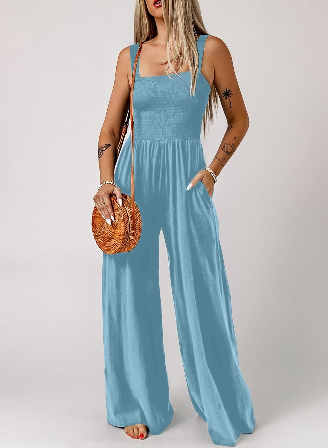 image:imageDokotoo Womens Casual Jumpsuits One Piece Sleeveless Wide Leg RompersMist Blue