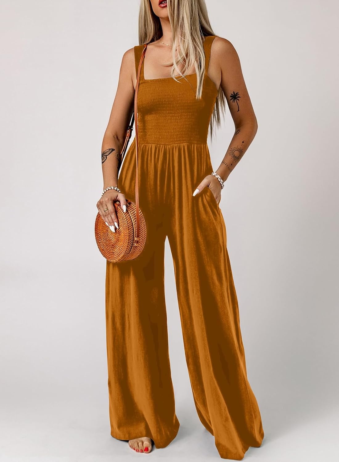 image:imageDokotoo Womens Casual Jumpsuits One Piece Sleeveless Wide Leg RompersMustard