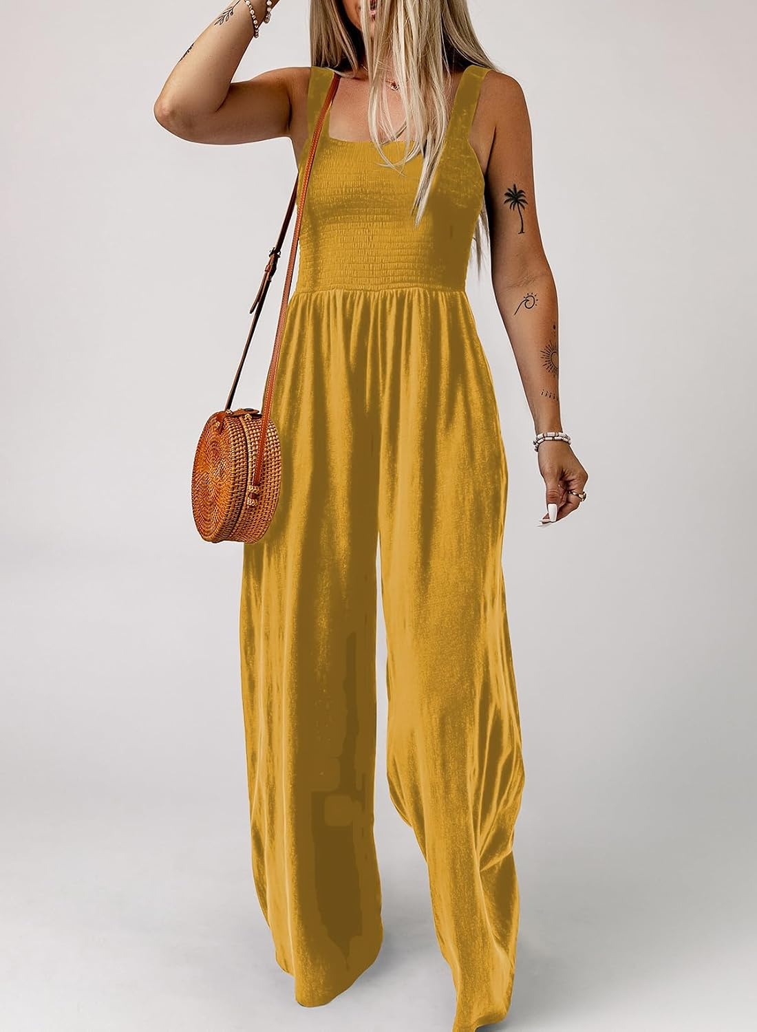 image:imageDokotoo Womens Casual Jumpsuits One Piece Sleeveless Wide Leg RompersMustard