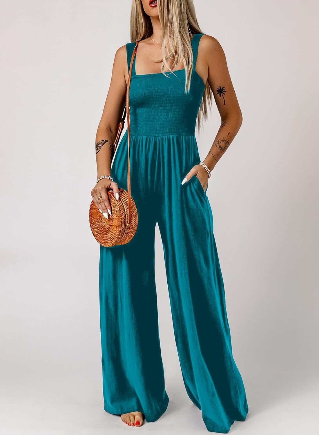 image:imageDokotoo Womens Casual Jumpsuits One Piece Sleeveless Wide Leg RompersPeacock Blue