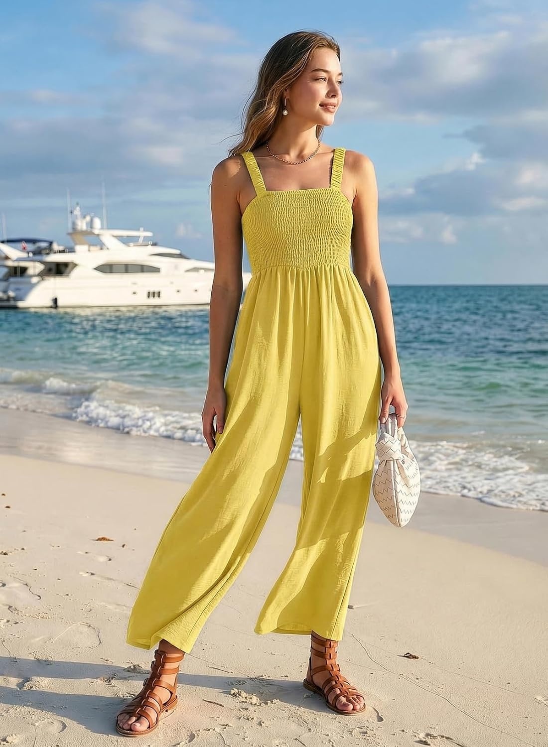 image:imageDokotoo Womens Casual Jumpsuits One Piece Sleeveless Wide Leg RompersYellow