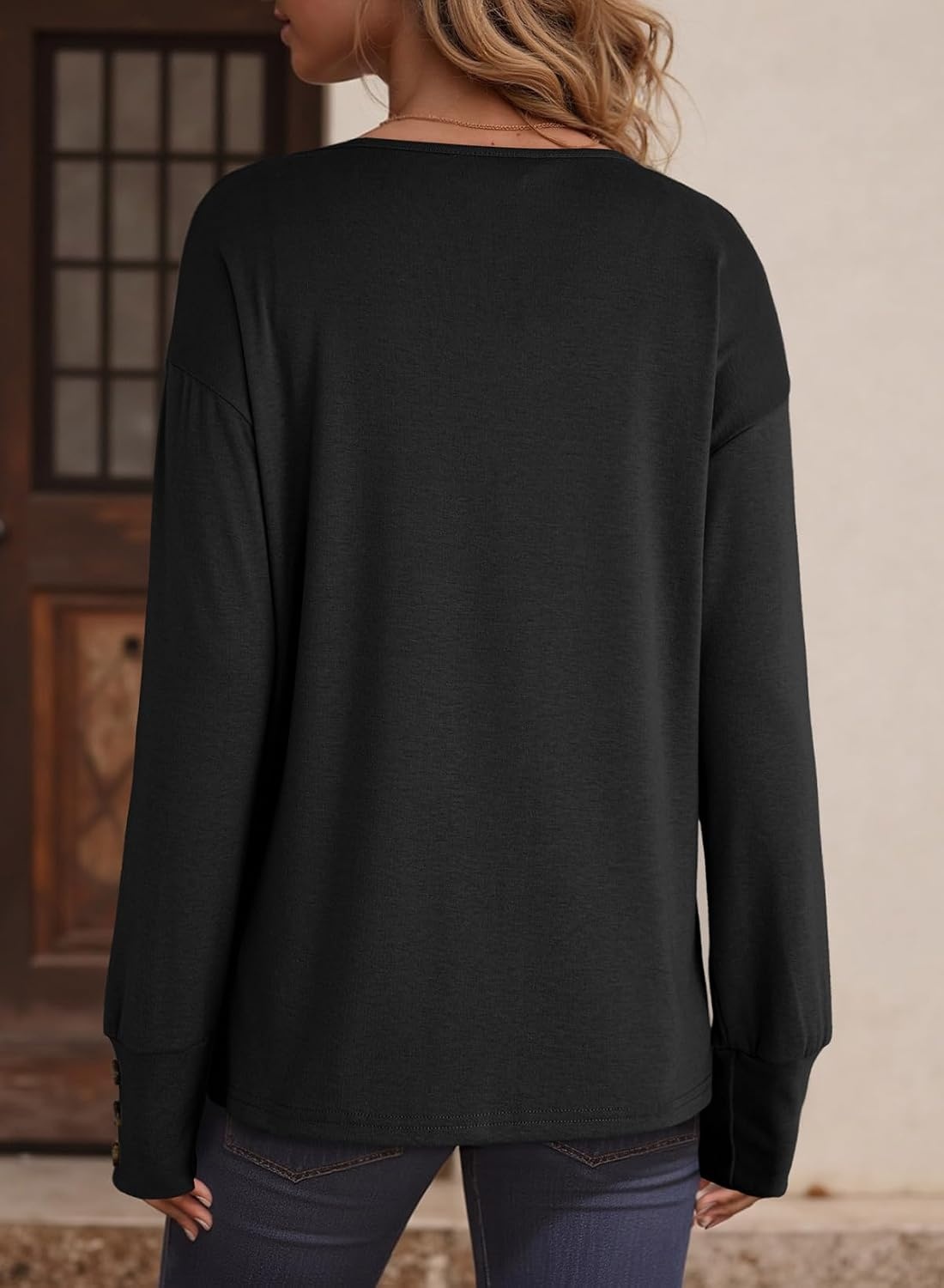 image:imageDokotoo Womens Casual Long Sleeve V Neck Pullover Shirts Loose Fit Lightweight Knit TopsBlack