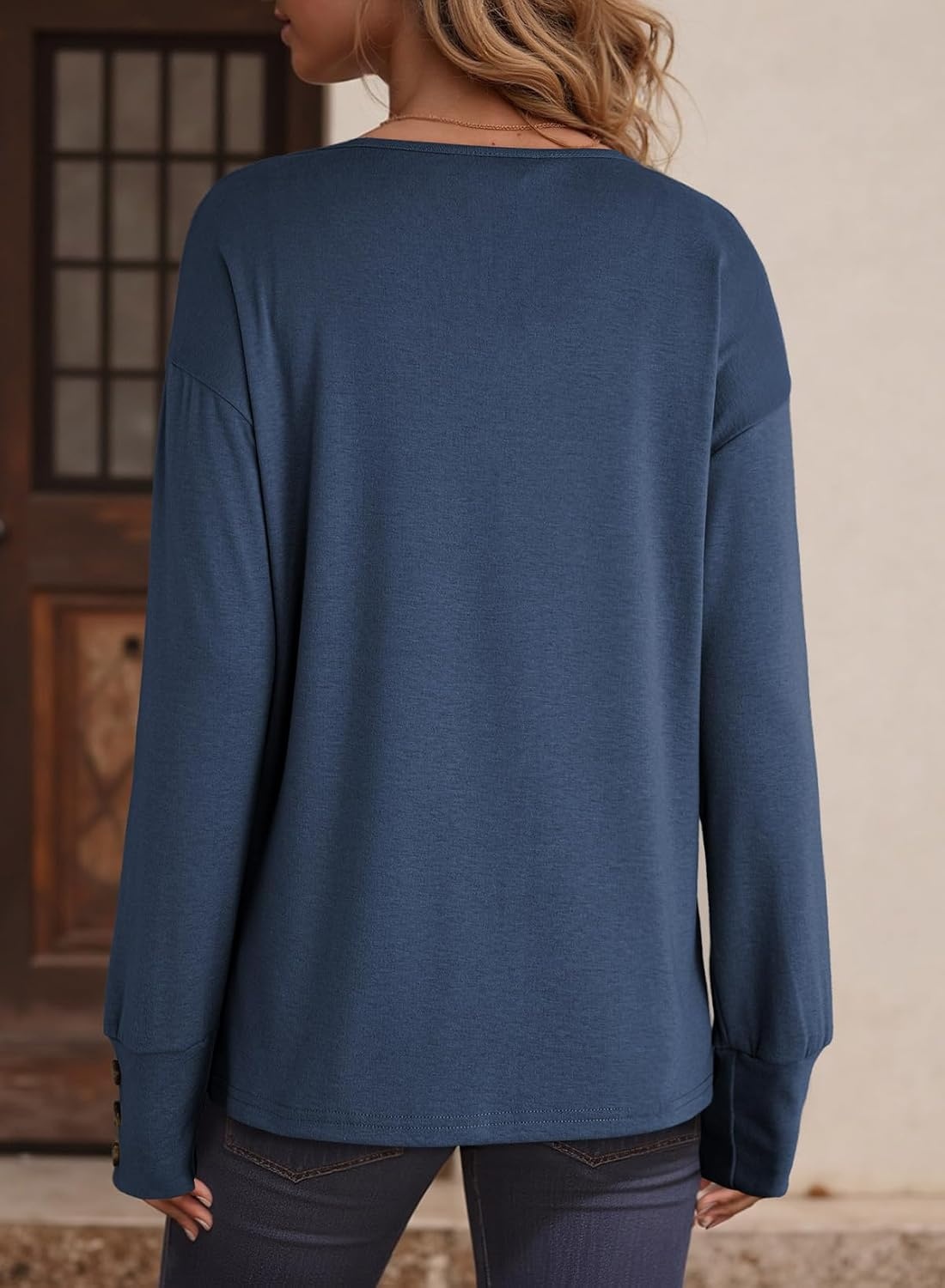 image:imageDokotoo Womens Casual Long Sleeve V Neck Pullover Shirts Loose Fit Lightweight Knit TopsNavy Blue