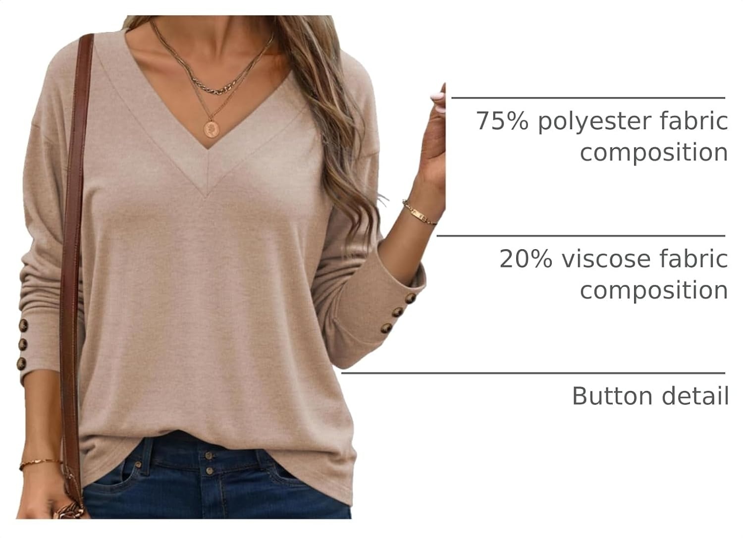 image:imageDokotoo Womens Casual Long Sleeve V Neck Pullover Shirts Loose Fit Lightweight Knit TopsParchment