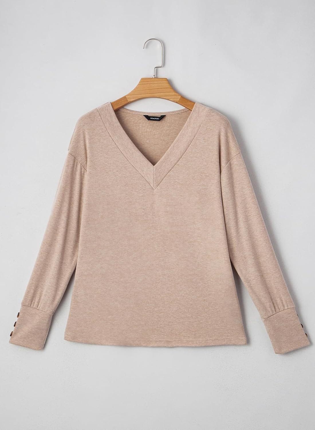 image:imageDokotoo Womens Casual Long Sleeve V Neck Pullover Shirts Loose Fit Lightweight Knit TopsParchment