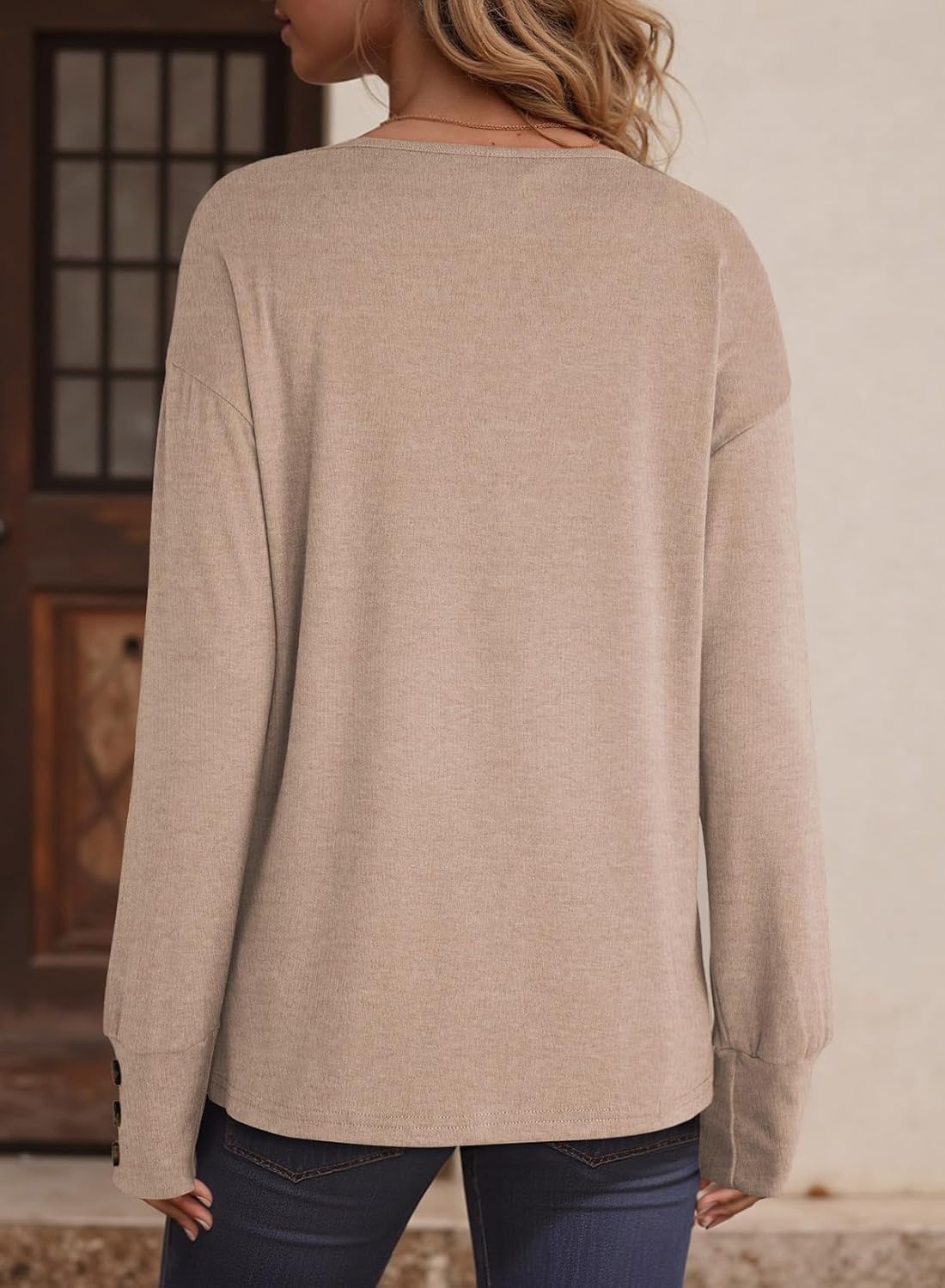 image:imageDokotoo Womens Casual Long Sleeve V Neck Pullover Shirts Loose Fit Lightweight Knit TopsParchment