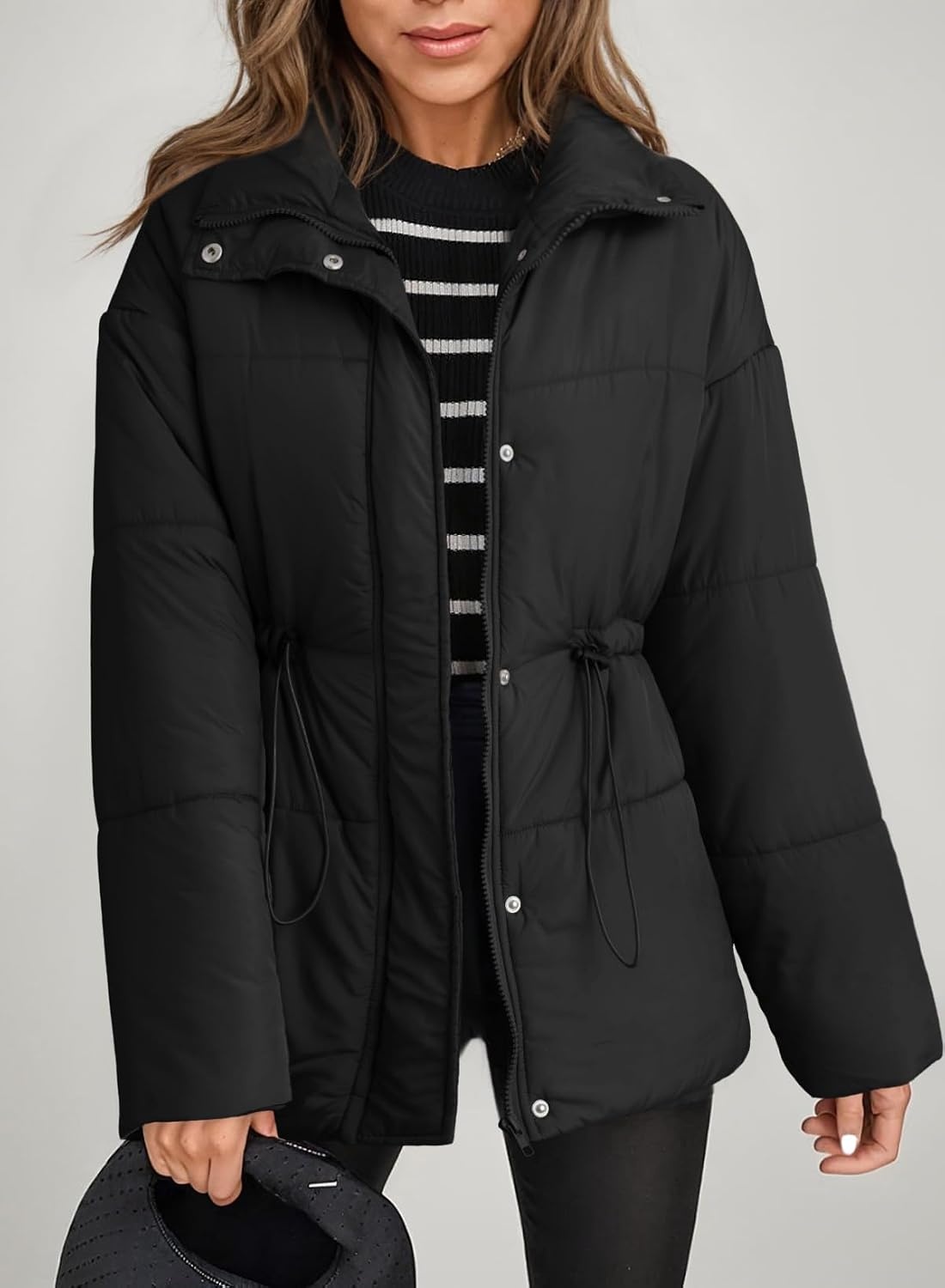 image:imageDokotoo Womens Casual Long Sleeve Zip up Puffer Chunky Warm Drawstring Quilted Lightweight Jacket CoatColor Black