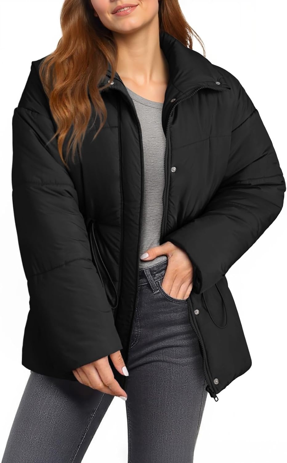 image:imageDokotoo Womens Casual Long Sleeve Zip up Puffer Chunky Warm Drawstring Quilted Lightweight Jacket CoatColor Black