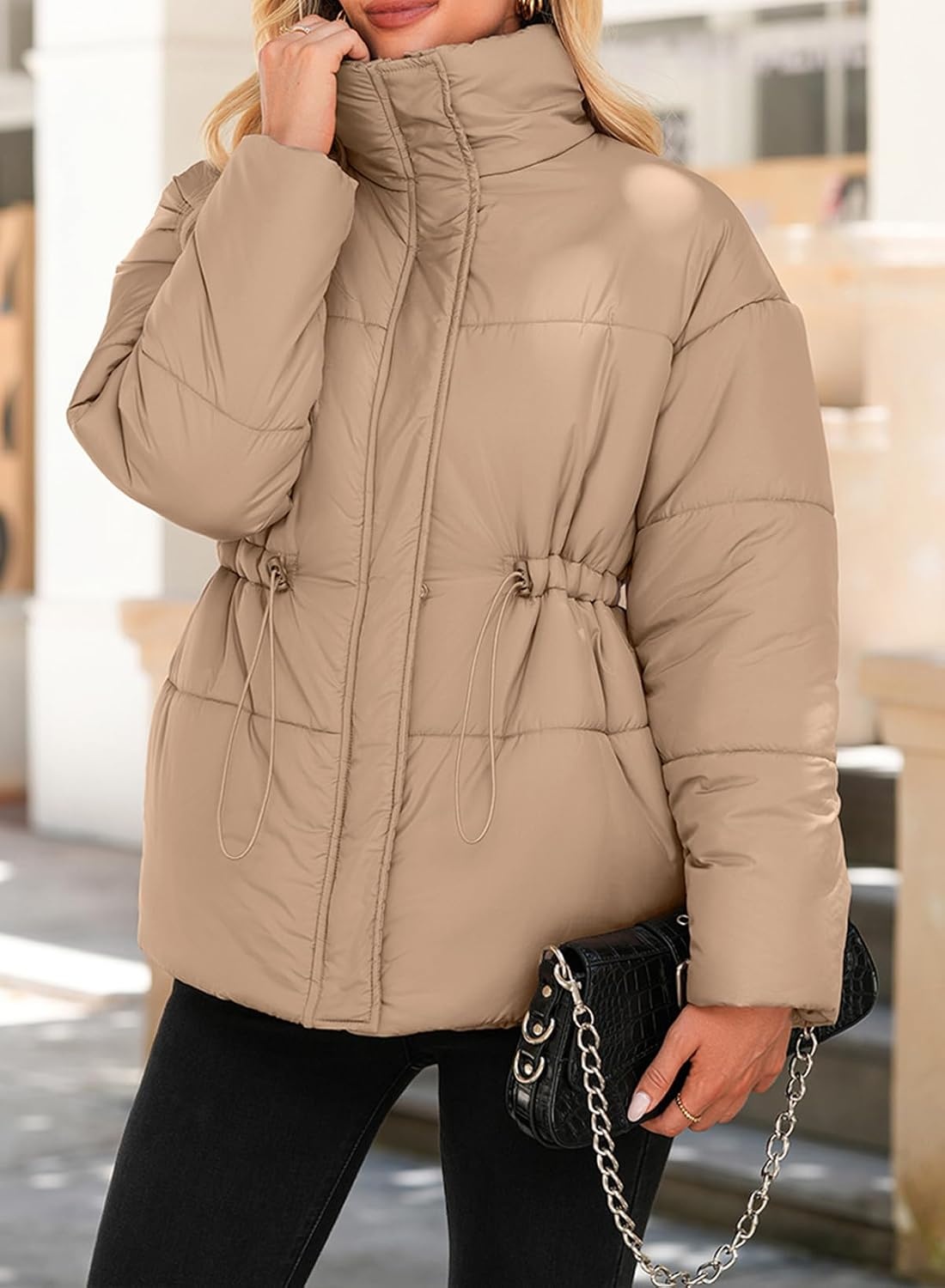 image:imageDokotoo Womens Casual Long Sleeve Zip up Puffer Chunky Warm Drawstring Quilted Lightweight Jacket CoatLight French Beige