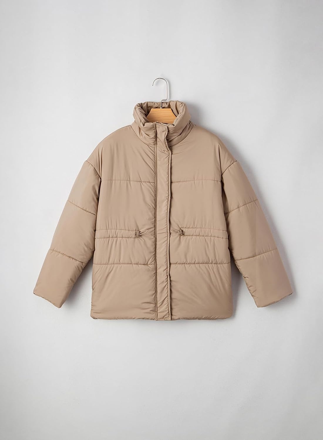 image:imageDokotoo Womens Casual Long Sleeve Zip up Puffer Chunky Warm Drawstring Quilted Lightweight Jacket CoatLight French Beige