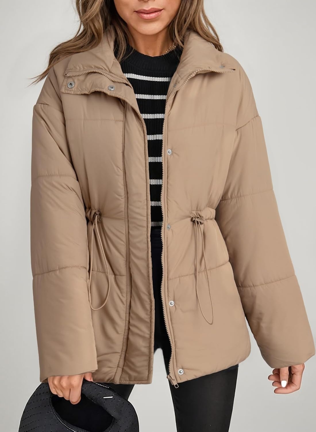 image:imageDokotoo Womens Casual Long Sleeve Zip up Puffer Chunky Warm Drawstring Quilted Lightweight Jacket CoatLight French Beige