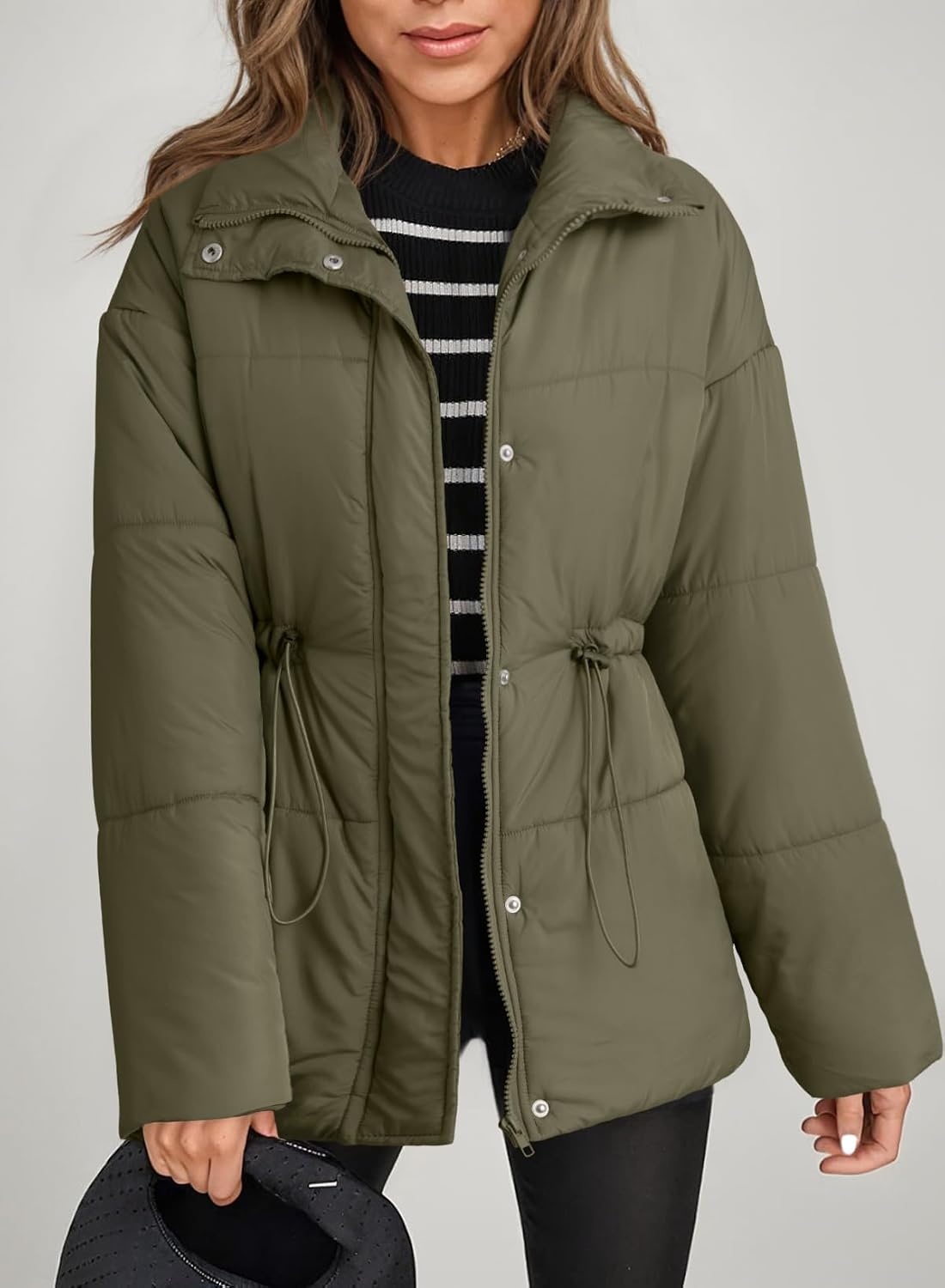 image:imageDokotoo Womens Casual Long Sleeve Zip up Puffer Chunky Warm Drawstring Quilted Lightweight Jacket CoatVineyard Green