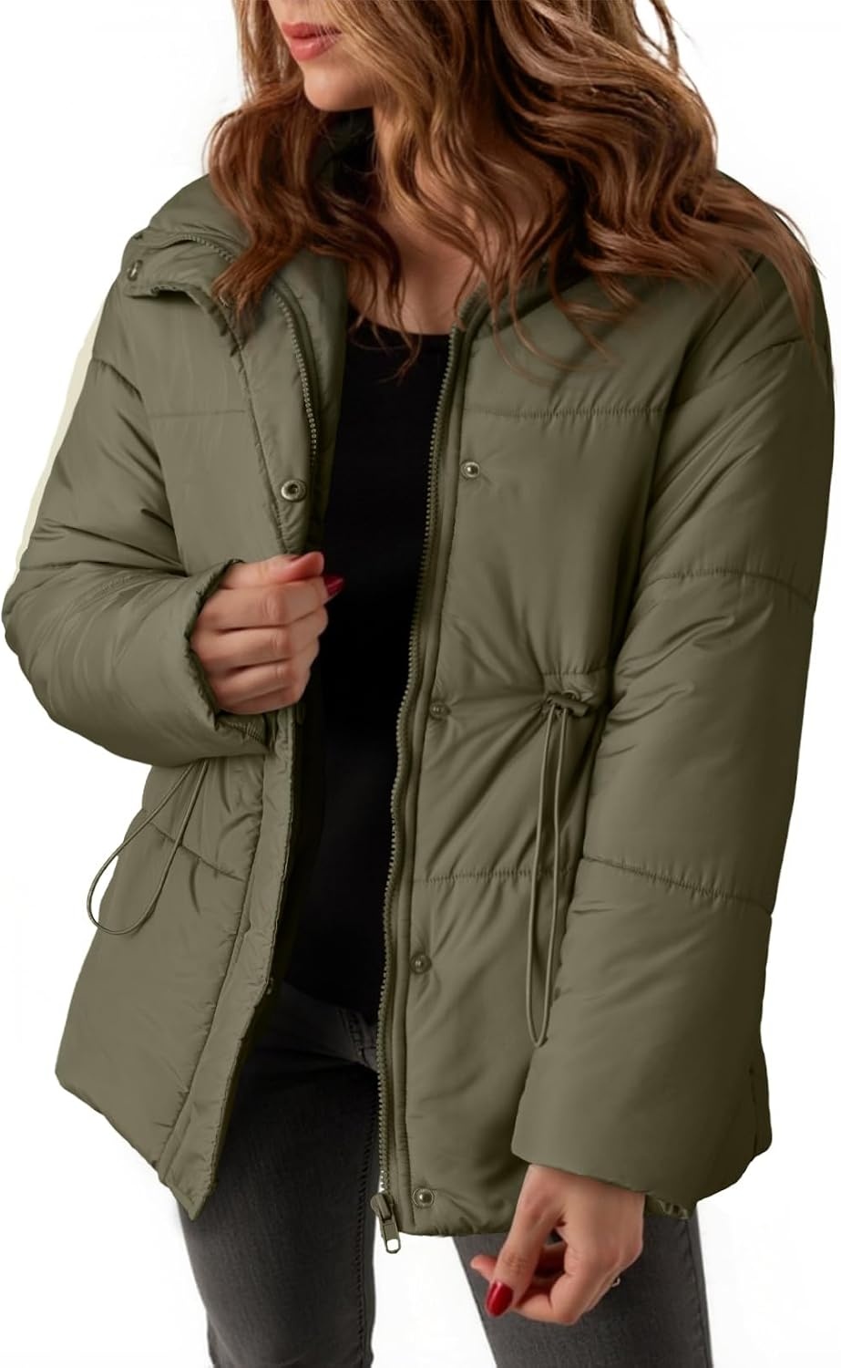 image:imageDokotoo Womens Casual Long Sleeve Zip up Puffer Chunky Warm Drawstring Quilted Lightweight Jacket CoatVineyard Green