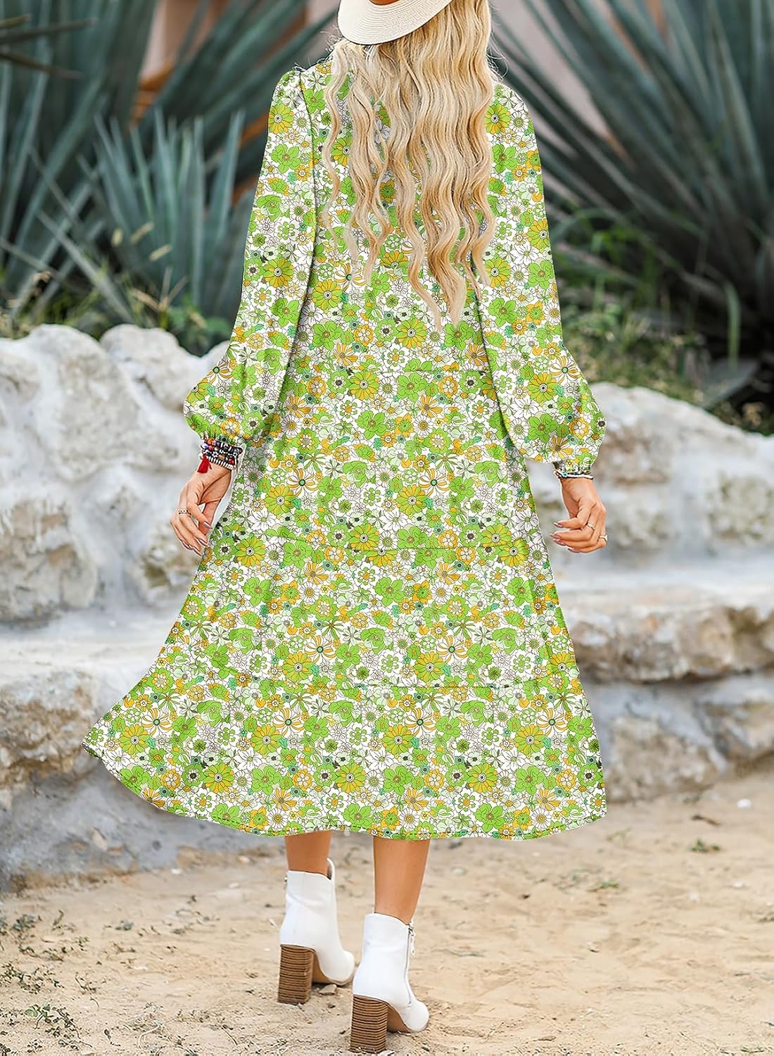 image:imageDokotoo Womens Casual Loose Bohemian Floral Dresses 2026 Long Puff Sleeve V Neck Ruffle A Line Flowy Summer Beach DressGreen