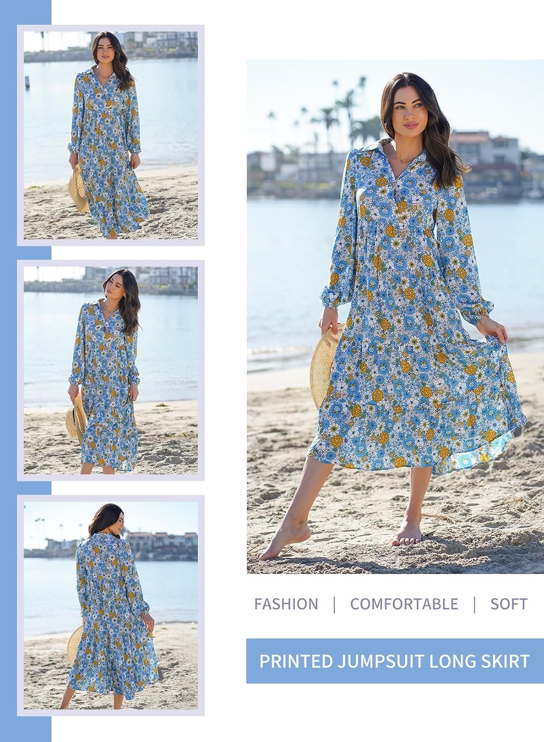 image:imageDokotoo Womens Casual Loose Bohemian Floral Dresses 2026 Long Puff Sleeve V Neck Ruffle A Line Flowy Summer Beach DressSky Blue