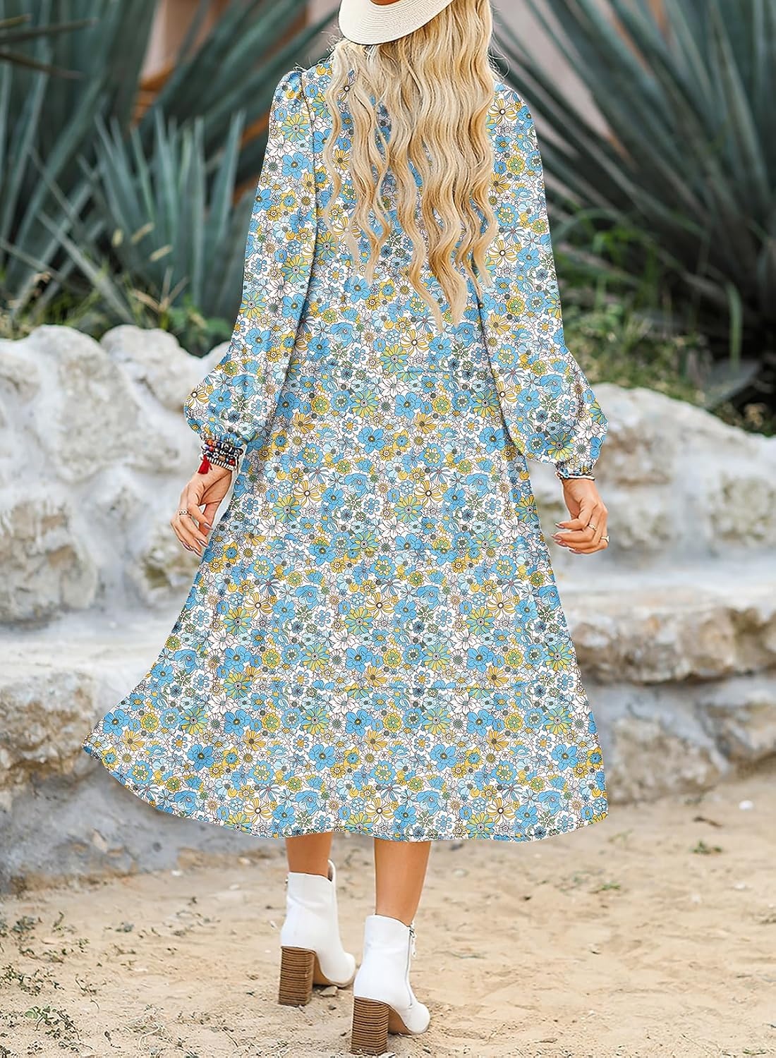 image:imageDokotoo Womens Casual Loose Bohemian Floral Dresses 2026 Long Puff Sleeve V Neck Ruffle A Line Flowy Summer Beach DressSky Blue