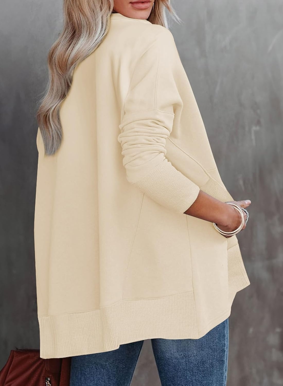 image:imageDokotoo Womens Casual Oversized Half Zip Sweatshirts Long Sleeve Solid Color Pullover Jackets with PocketsBeige
