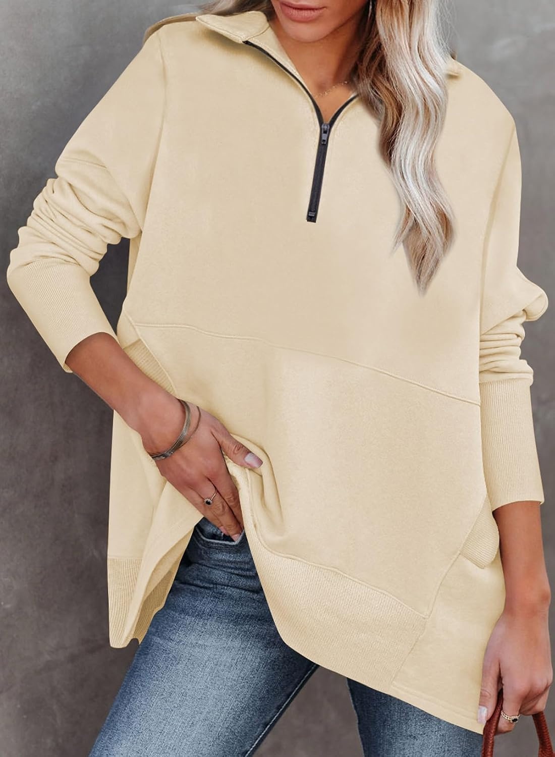 image:imageDokotoo Womens Casual Oversized Half Zip Sweatshirts Long Sleeve Solid Color Pullover Jackets with PocketsBeige