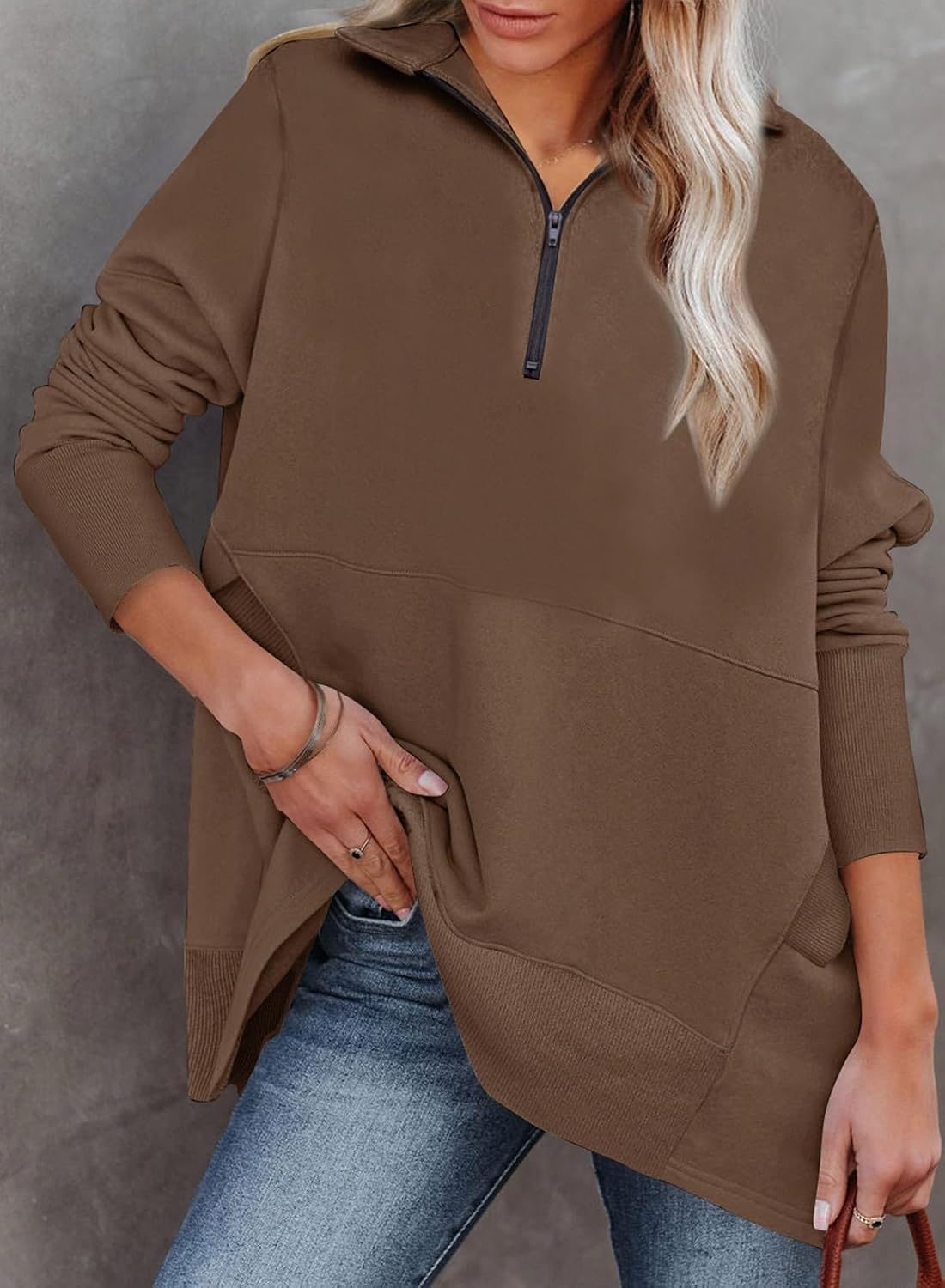 image:imageDokotoo Womens Casual Oversized Half Zip Sweatshirts Long Sleeve Solid Color Pullover Jackets with PocketsDark Brown