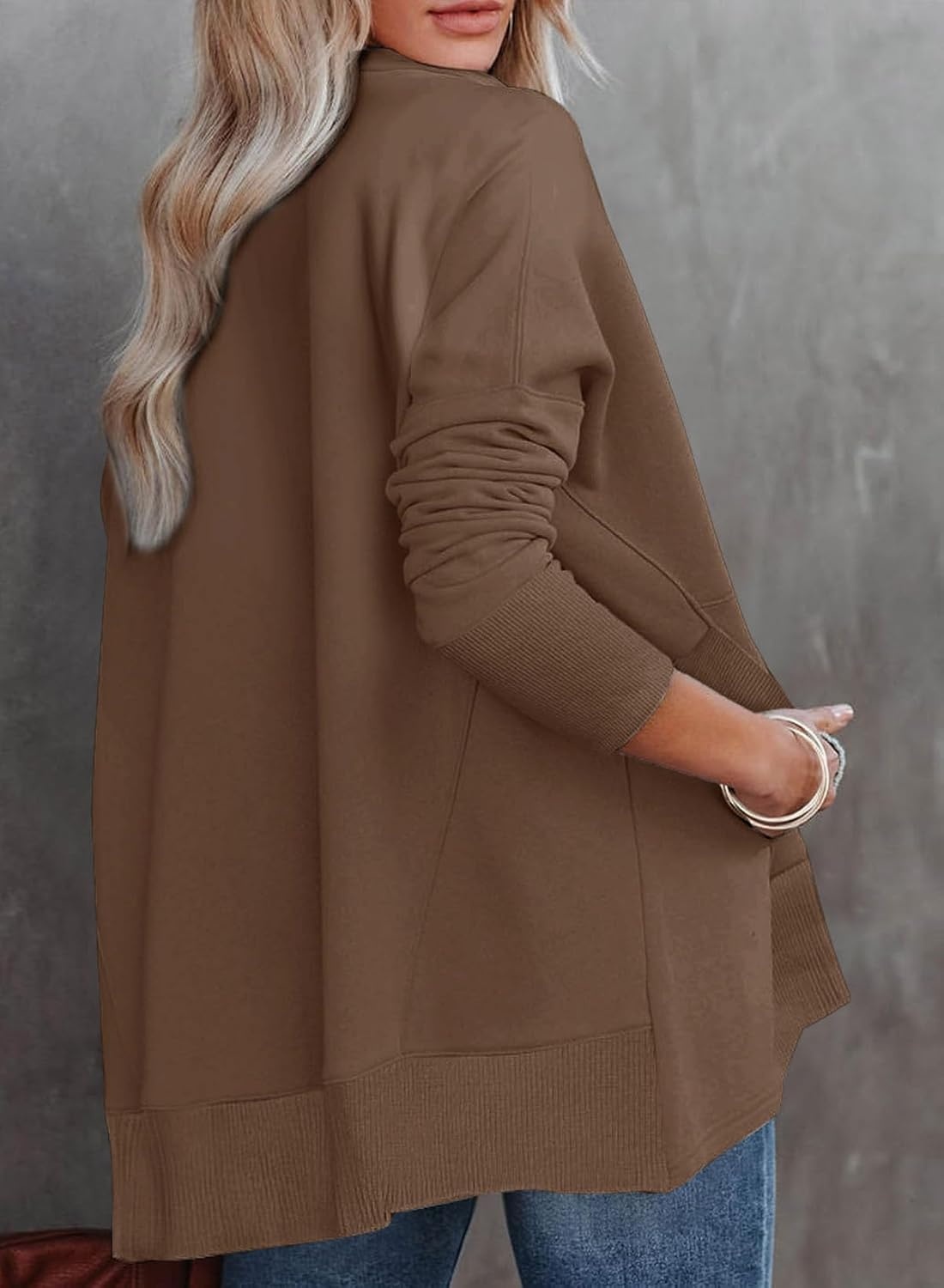 image:imageDokotoo Womens Casual Oversized Half Zip Sweatshirts Long Sleeve Solid Color Pullover Jackets with PocketsDark Brown