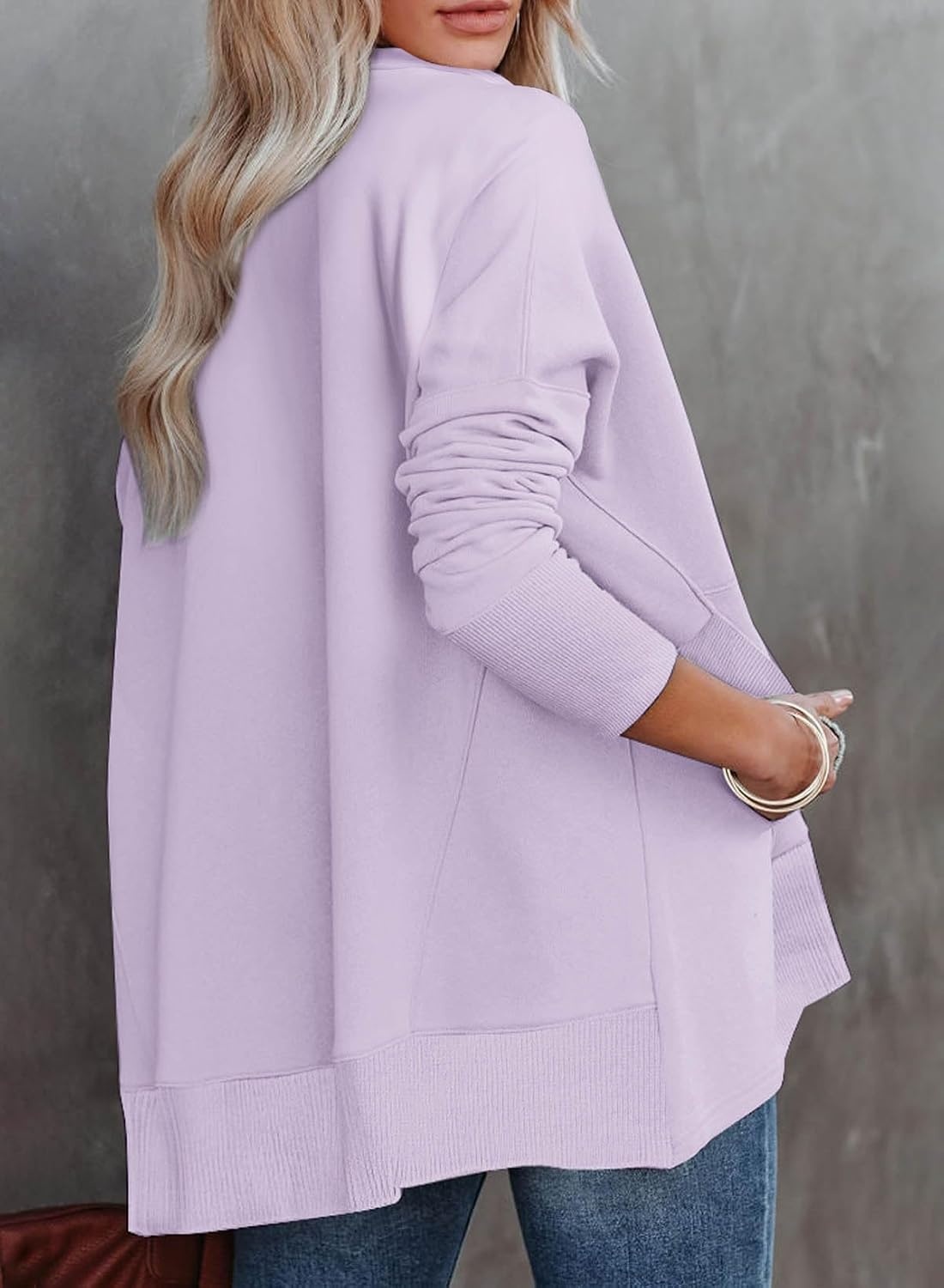 image:imageDokotoo Womens Casual Oversized Half Zip Sweatshirts Long Sleeve Solid Color Pullover Jackets with PocketsPurple