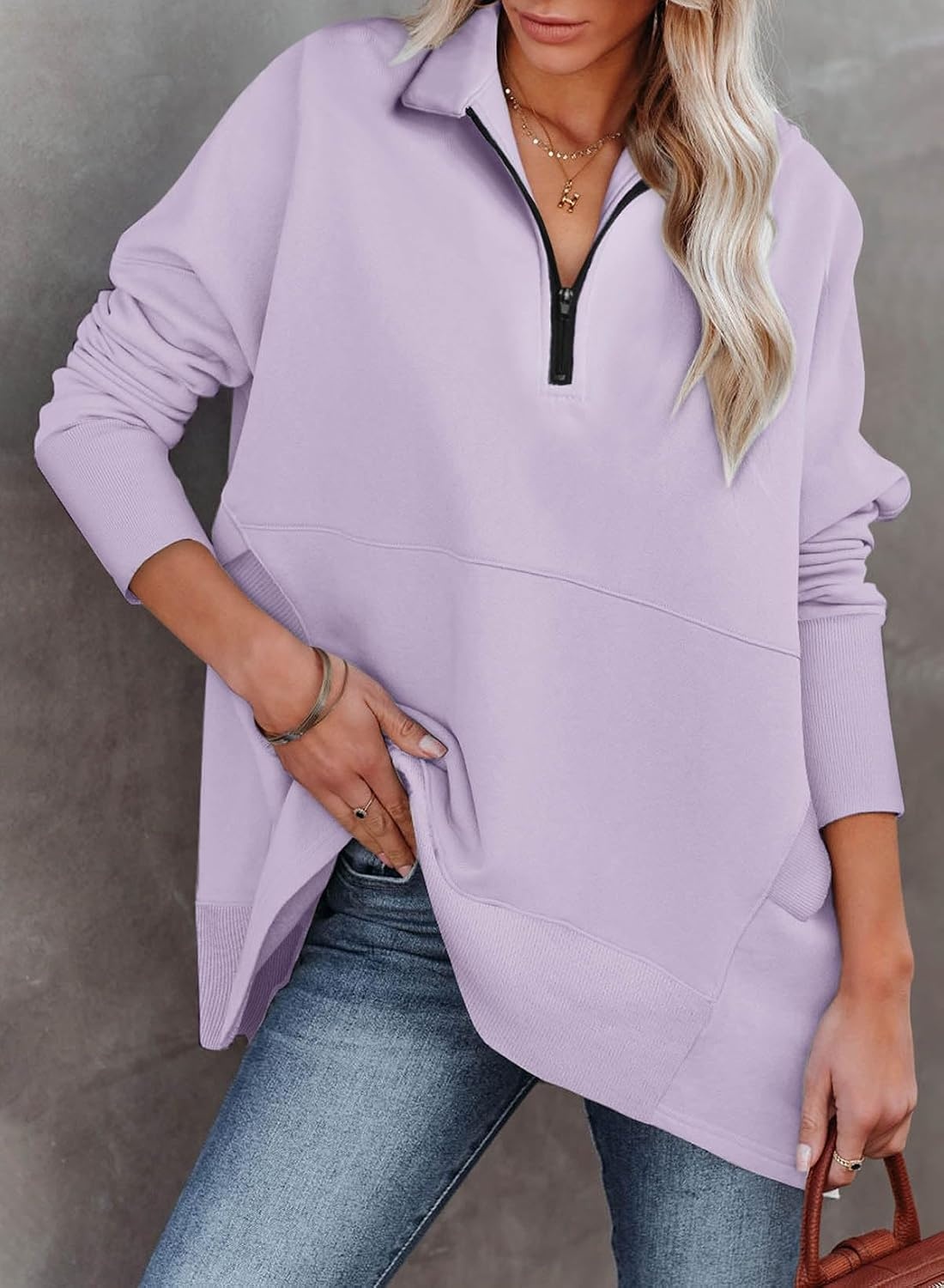 image:imageDokotoo Womens Casual Oversized Half Zip Sweatshirts Long Sleeve Solid Color Pullover Jackets with PocketsPurple