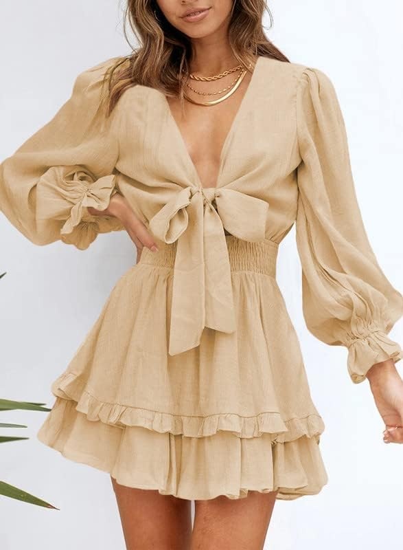 image:imageDokotoo Womens Casual Spring Fall 2025 Deep V Neck Knotted Tiered Chiffon Elegant Mini Short Swing Skater Dresses3 Apricot 2