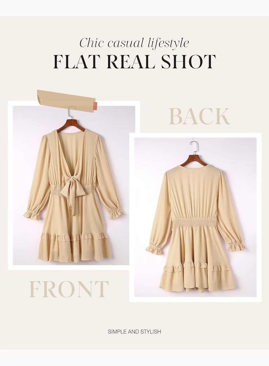 image:imageDokotoo Womens Casual Spring Fall 2025 Deep V Neck Knotted Tiered Chiffon Elegant Mini Short Swing Skater Dresses3 Apricot 2