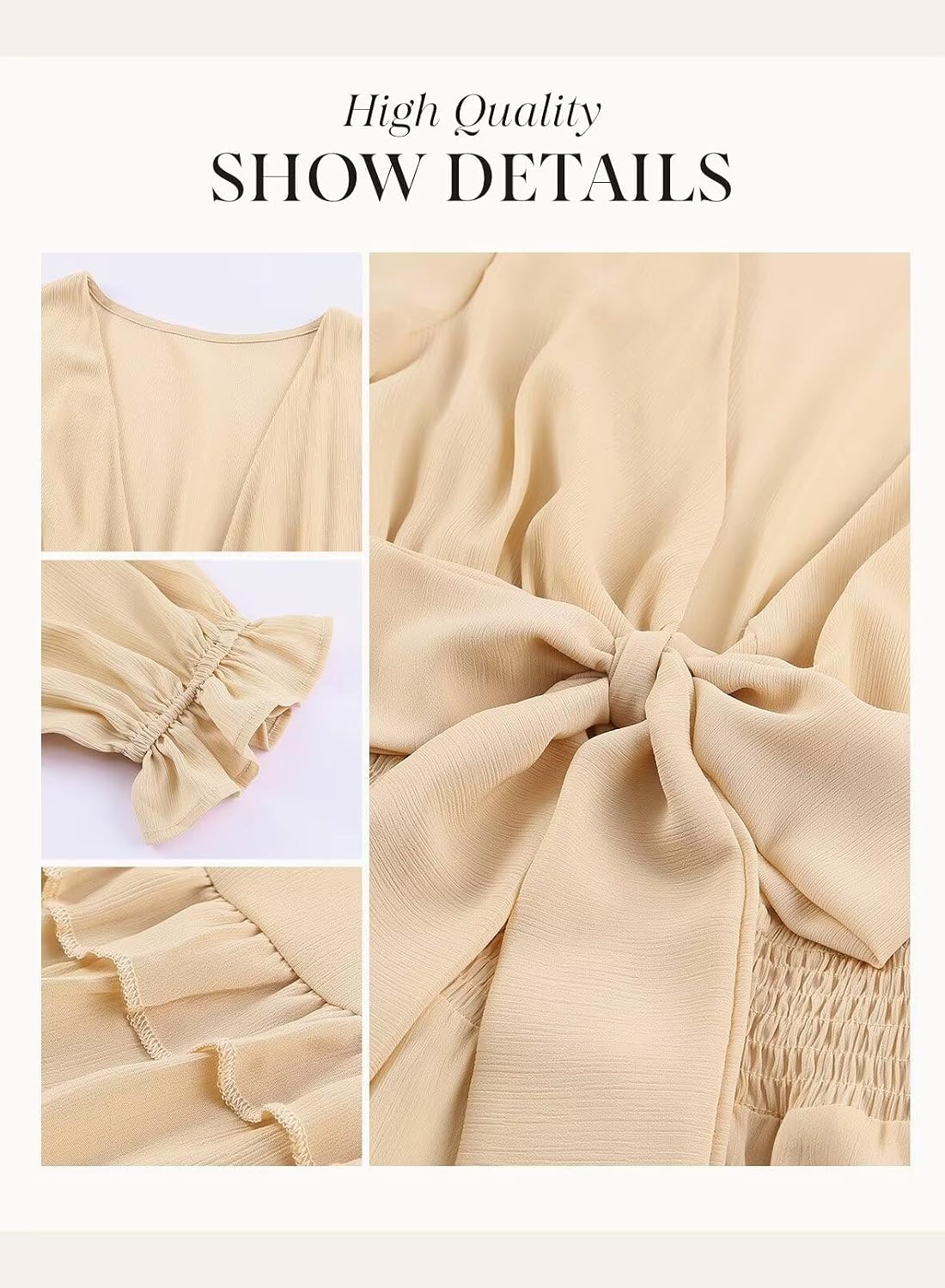 image:imageDokotoo Womens Casual Spring Fall 2025 Deep V Neck Knotted Tiered Chiffon Elegant Mini Short Swing Skater Dresses3 Apricot 2