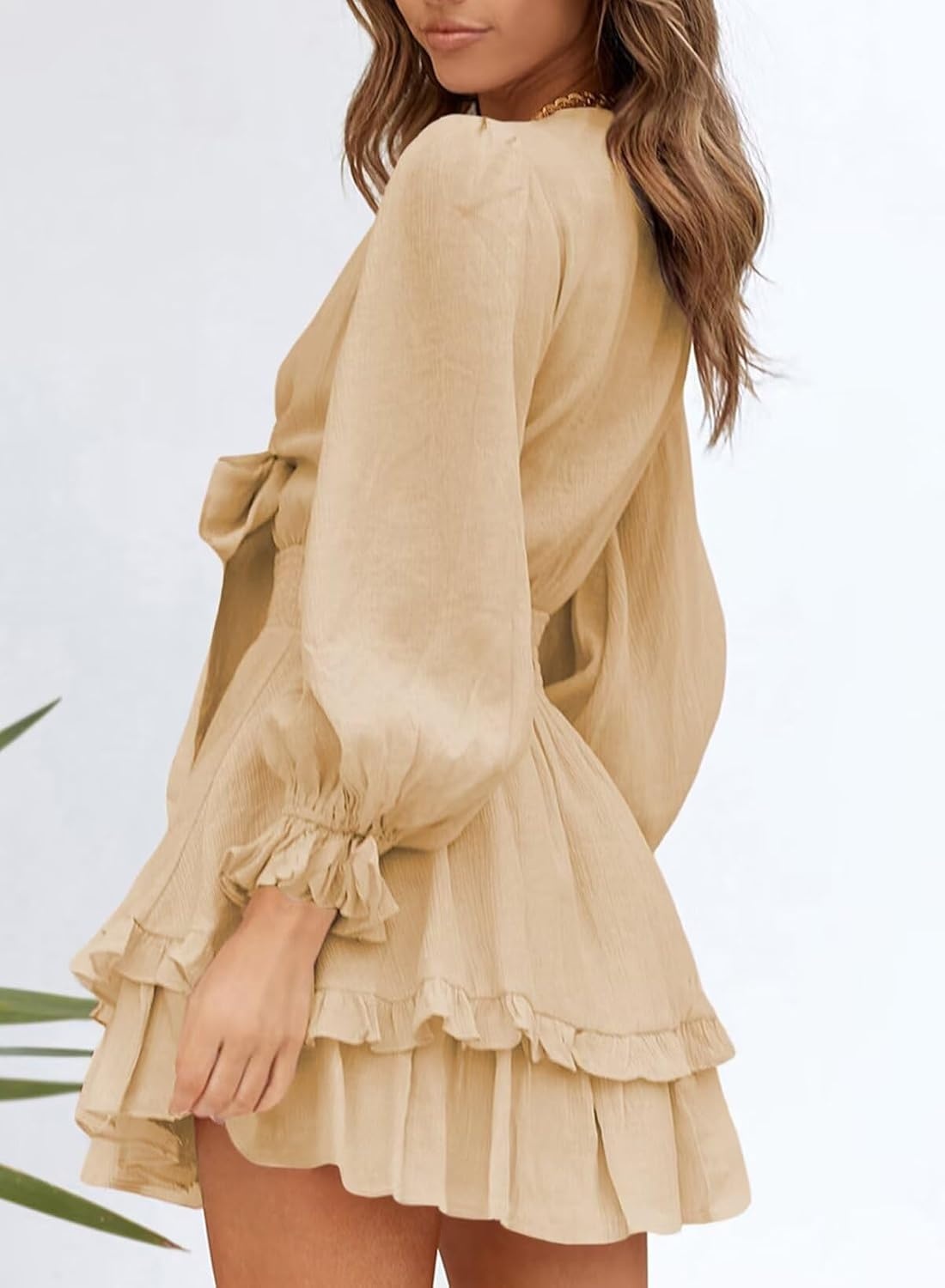 image:imageDokotoo Womens Casual Spring Fall 2025 Deep V Neck Knotted Tiered Chiffon Elegant Mini Short Swing Skater Dresses3 Apricot 2