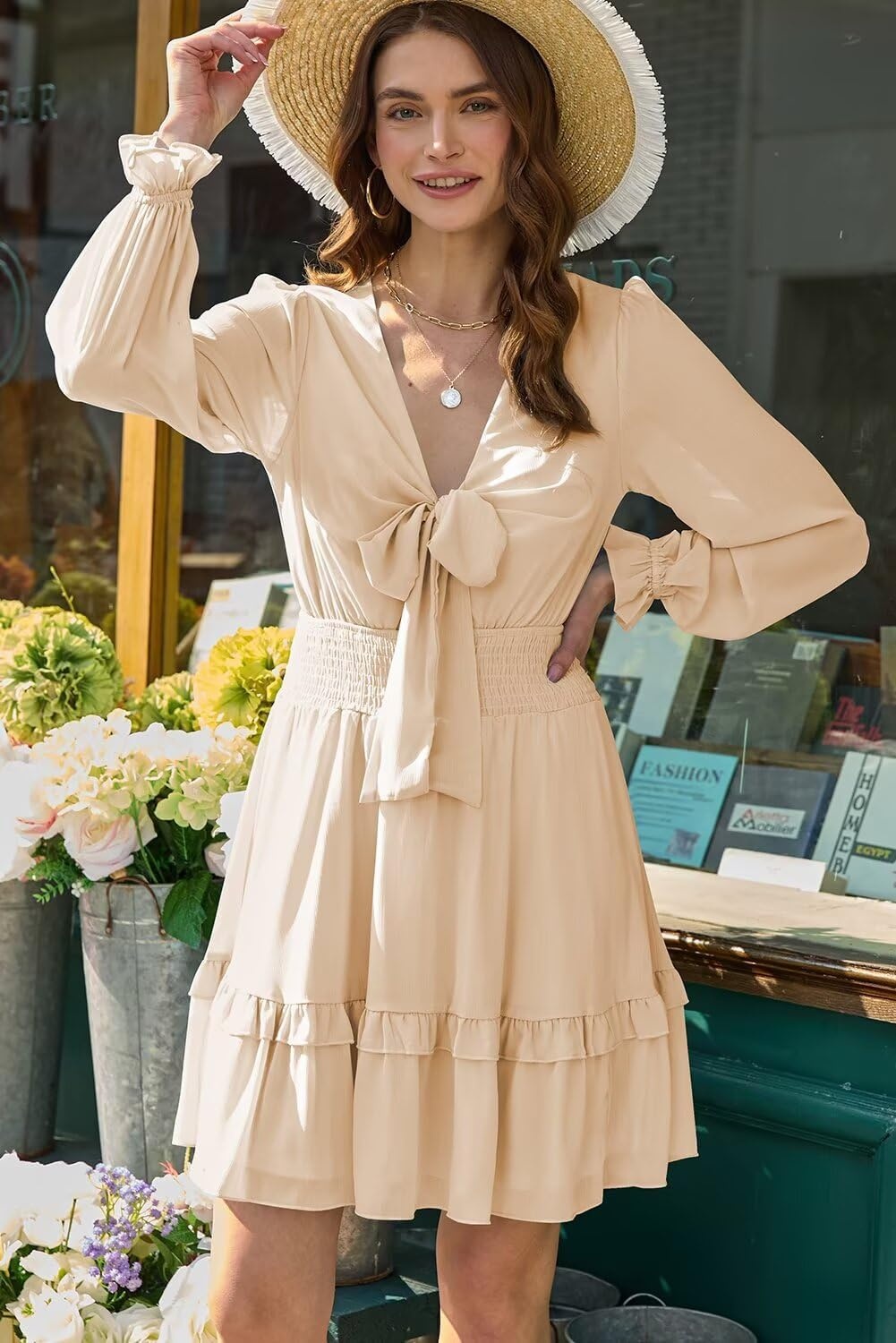 image:imageDokotoo Womens Casual Spring Fall 2025 Deep V Neck Knotted Tiered Chiffon Elegant Mini Short Swing Skater Dresses3 Apricot