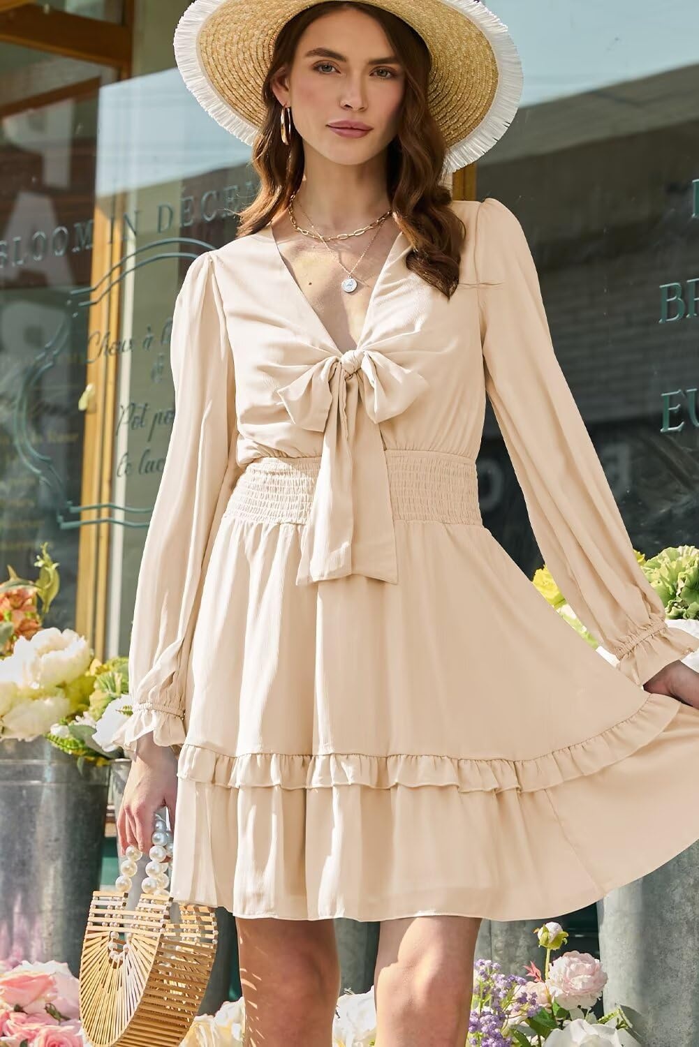 image:imageDokotoo Womens Casual Spring Fall 2025 Deep V Neck Knotted Tiered Chiffon Elegant Mini Short Swing Skater Dresses3 Apricot