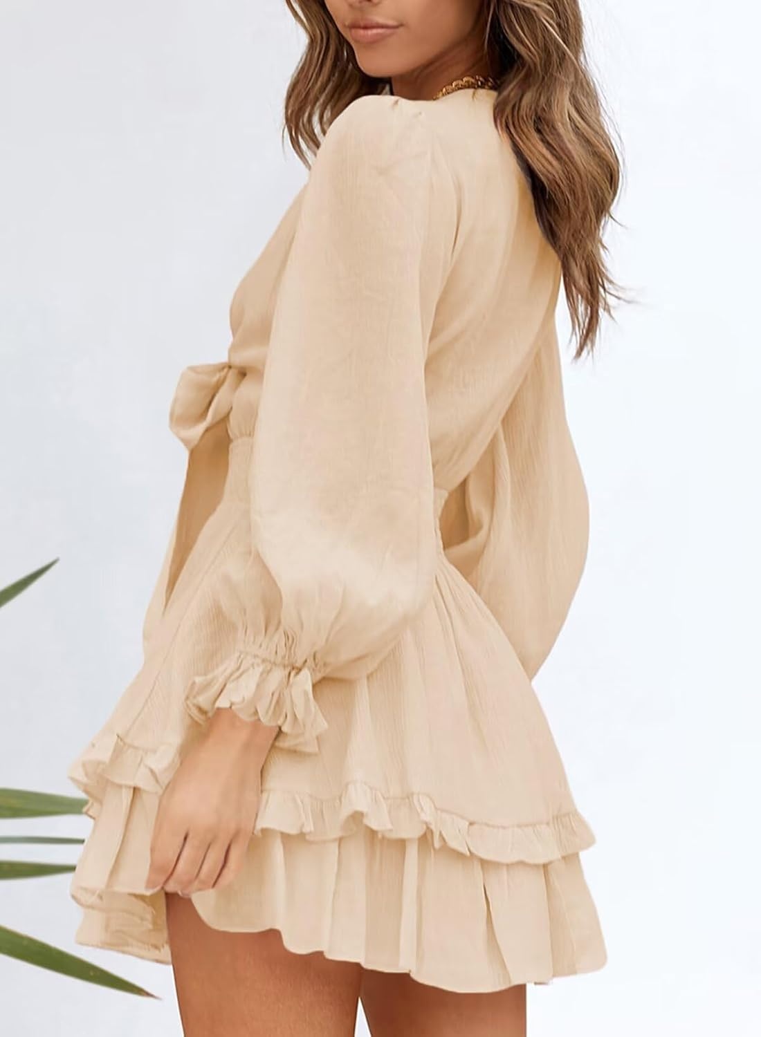 image:imageDokotoo Womens Casual Spring Fall 2025 Deep V Neck Knotted Tiered Chiffon Elegant Mini Short Swing Skater Dresses3 Apricot