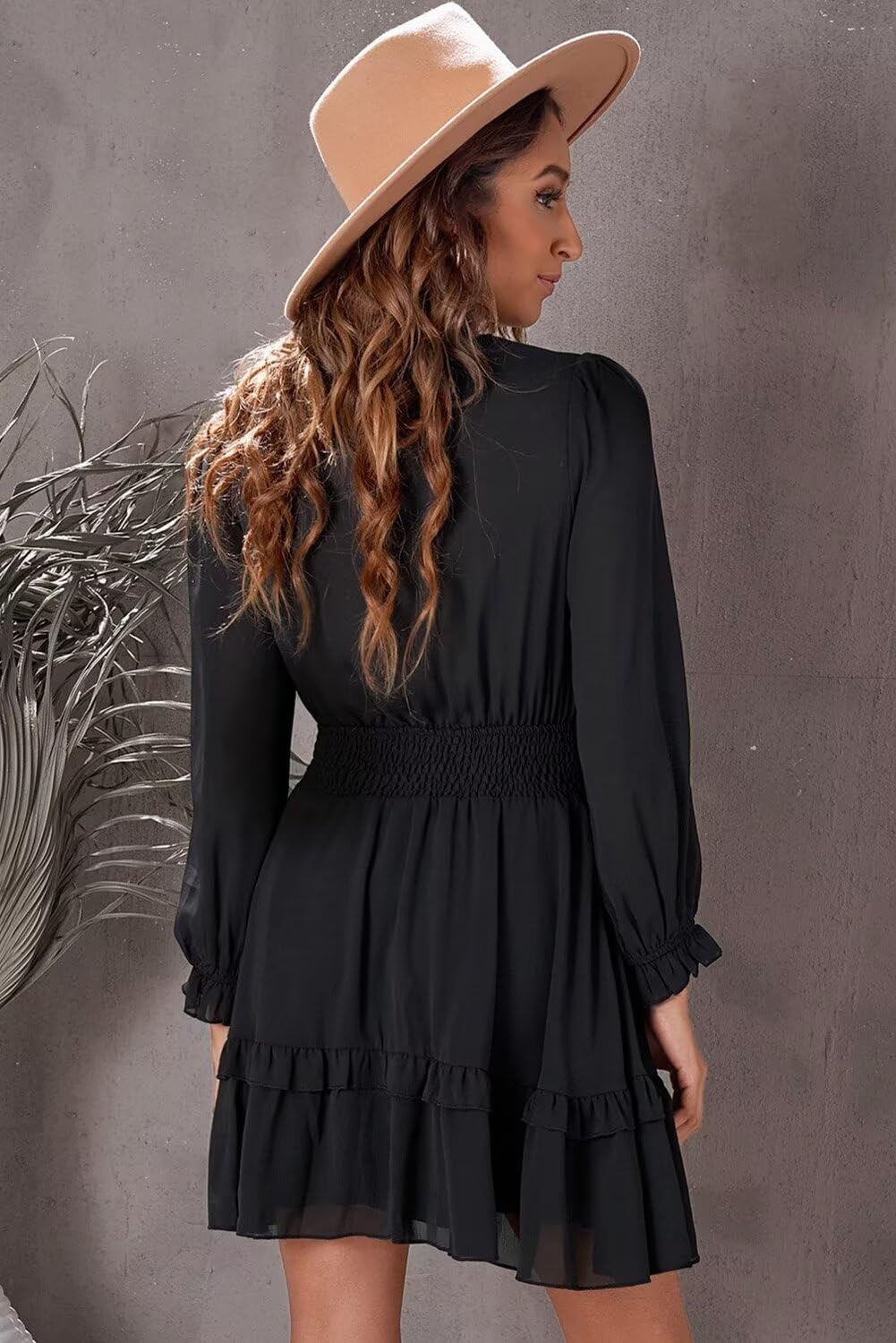 image:imageDokotoo Womens Casual Spring Fall 2025 Deep V Neck Knotted Tiered Chiffon Elegant Mini Short Swing Skater Dresses3 Black