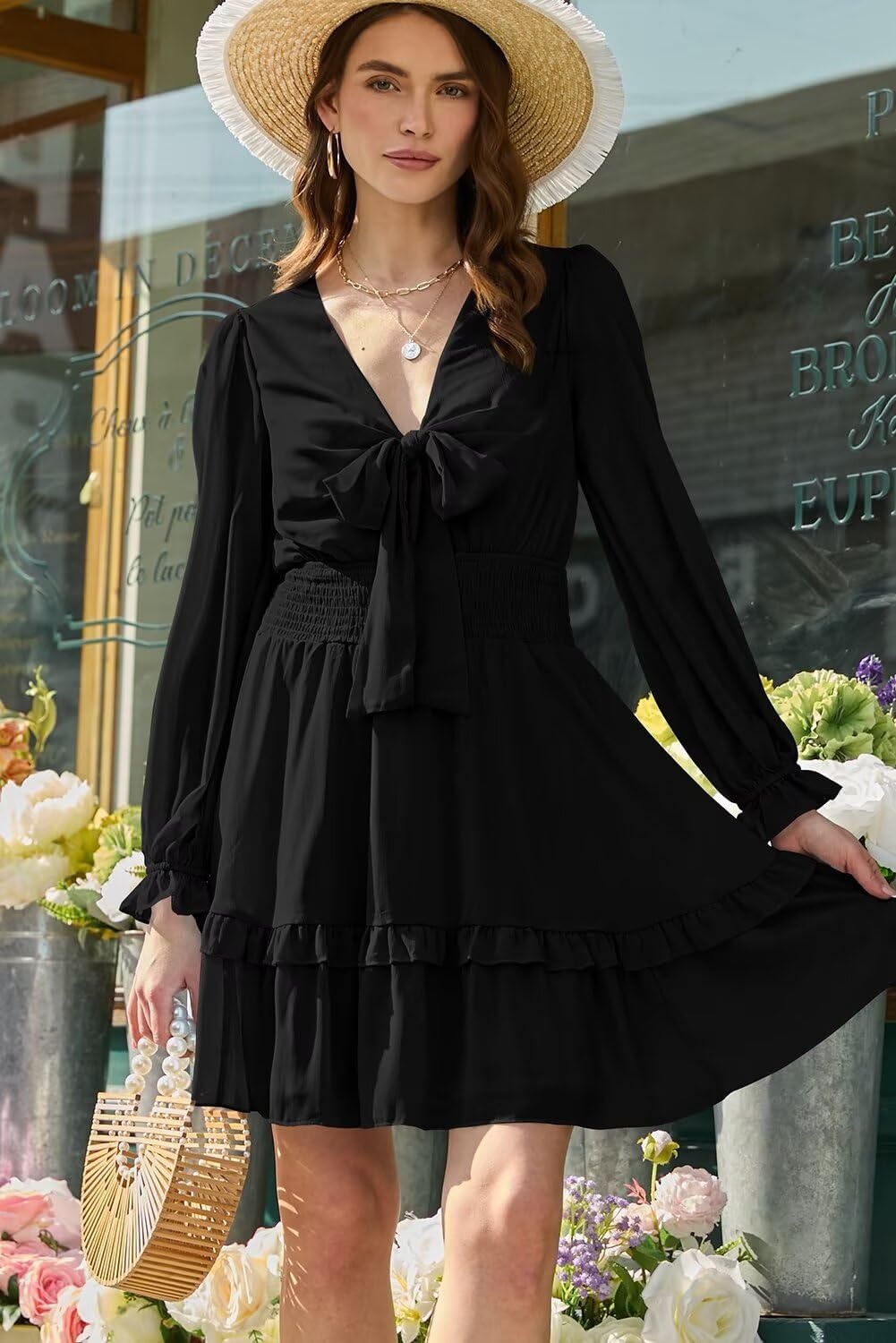 image:imageDokotoo Womens Casual Spring Fall 2025 Deep V Neck Knotted Tiered Chiffon Elegant Mini Short Swing Skater Dresses3 Black