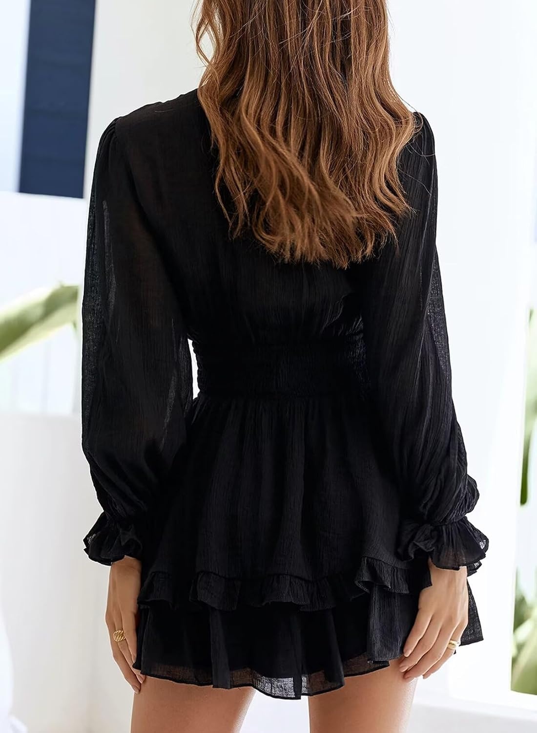 image:imageDokotoo Womens Casual Spring Fall 2025 Deep V Neck Knotted Tiered Chiffon Elegant Mini Short Swing Skater Dresses3 Black