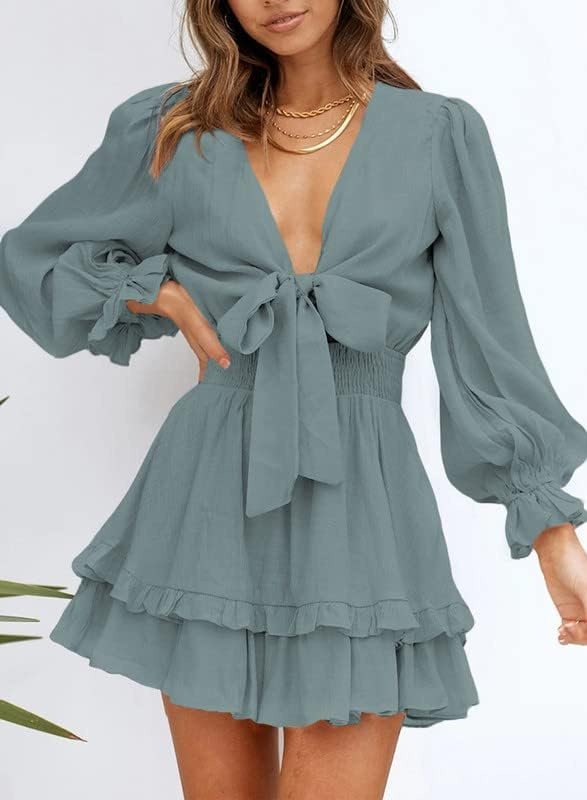 image:imageDokotoo Womens Casual Spring Fall 2025 Deep V Neck Knotted Tiered Chiffon Elegant Mini Short Swing Skater Dresses3 Blue 3