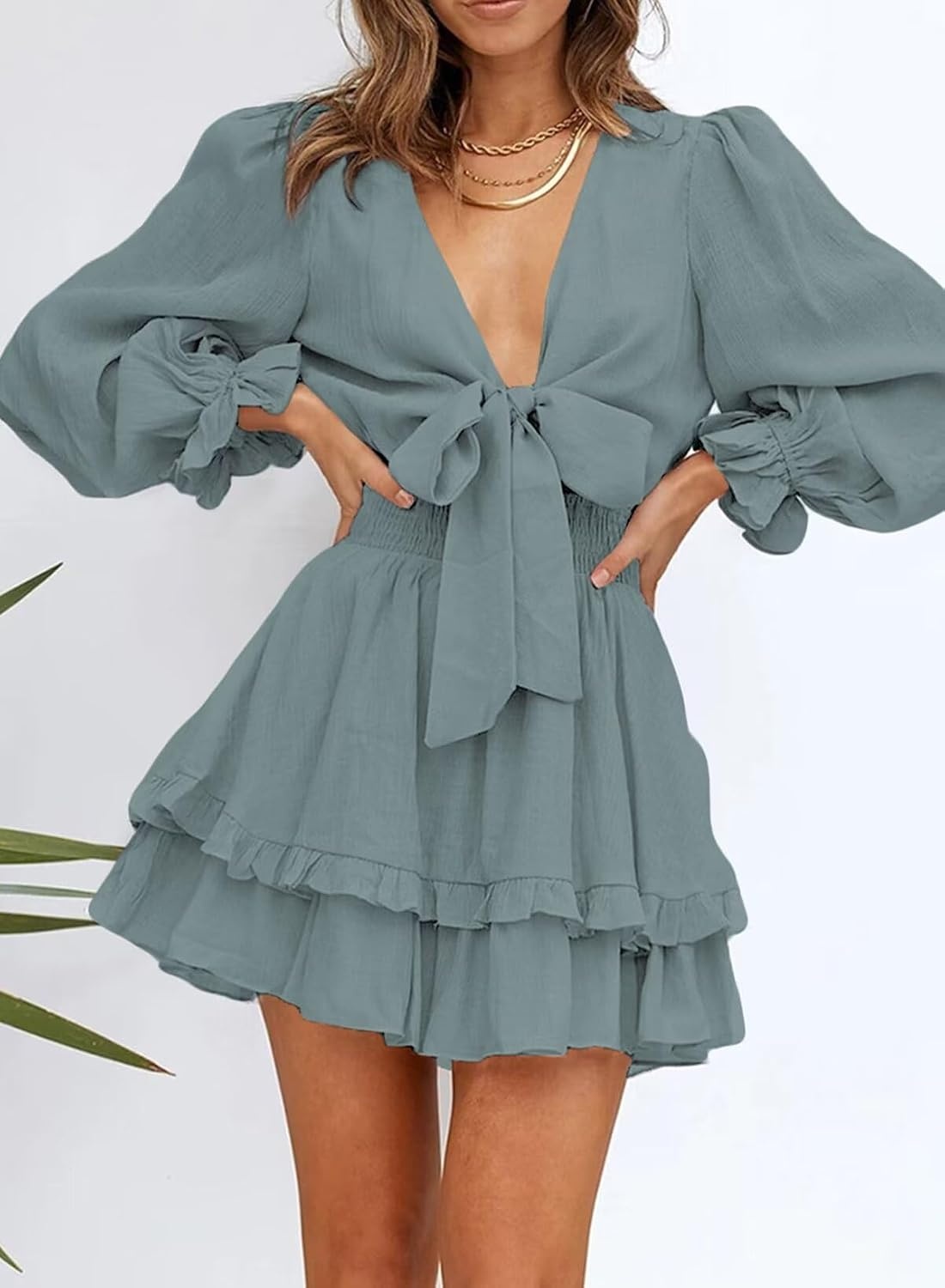 image:imageDokotoo Womens Casual Spring Fall 2025 Deep V Neck Knotted Tiered Chiffon Elegant Mini Short Swing Skater Dresses3 Blue 3
