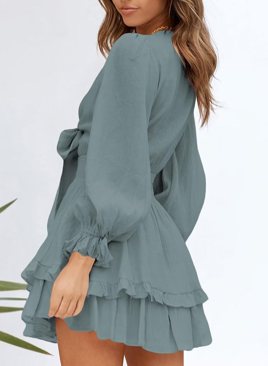 image:imageDokotoo Womens Casual Spring Fall 2025 Deep V Neck Knotted Tiered Chiffon Elegant Mini Short Swing Skater Dresses3 Blue 3