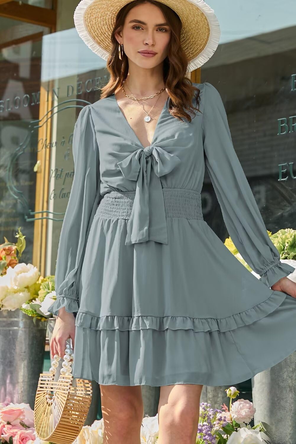 image:imageDokotoo Womens Casual Spring Fall 2025 Deep V Neck Knotted Tiered Chiffon Elegant Mini Short Swing Skater Dresses3 Blue 3