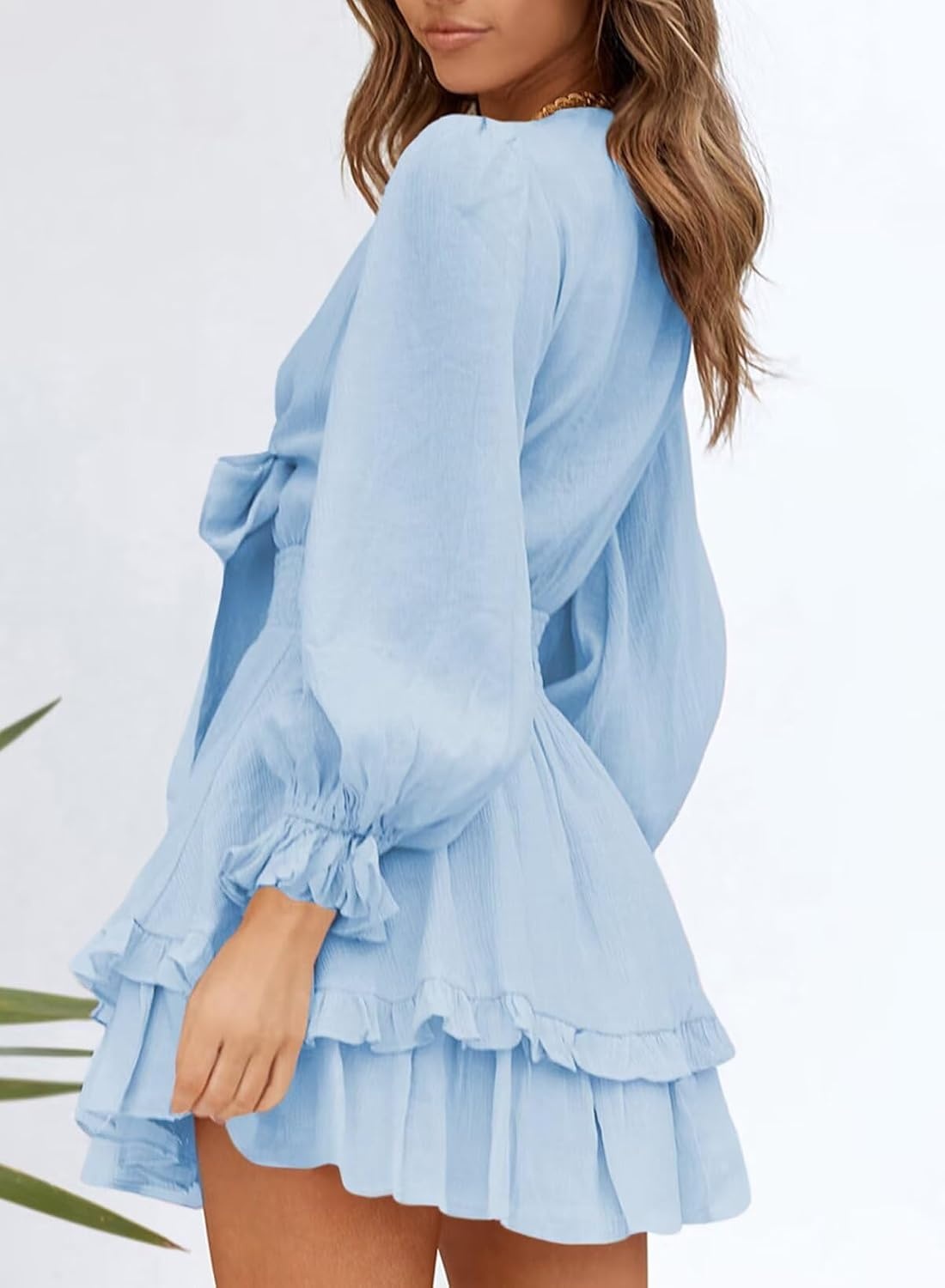 image:imageDokotoo Womens Casual Spring Fall 2025 Deep V Neck Knotted Tiered Chiffon Elegant Mini Short Swing Skater Dresses3 Blue