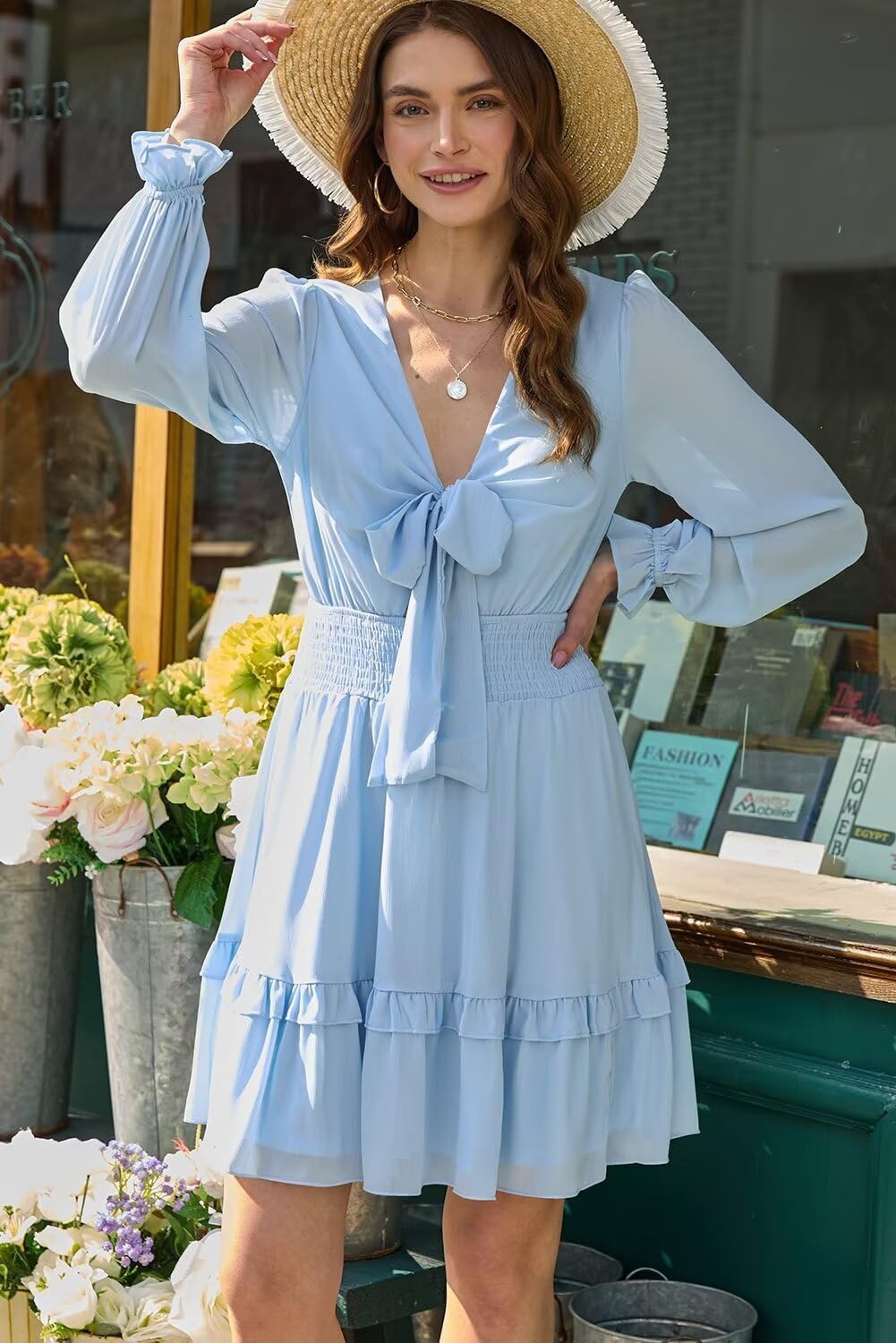 image:imageDokotoo Womens Casual Spring Fall 2025 Deep V Neck Knotted Tiered Chiffon Elegant Mini Short Swing Skater Dresses3 Blue