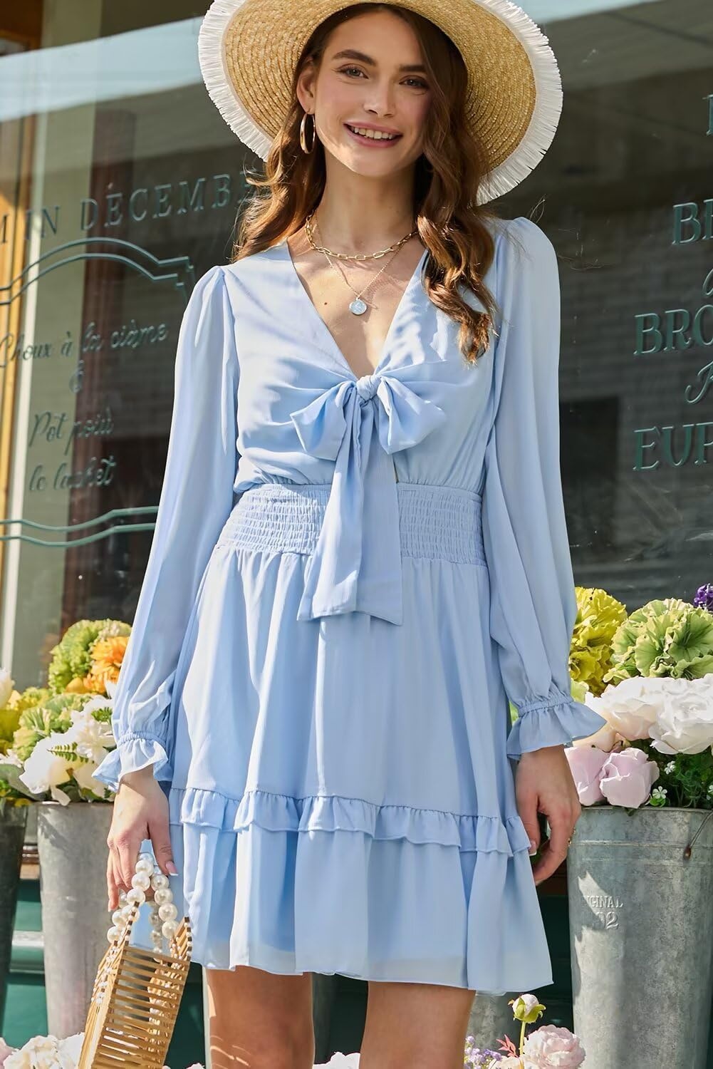 image:imageDokotoo Womens Casual Spring Fall 2025 Deep V Neck Knotted Tiered Chiffon Elegant Mini Short Swing Skater Dresses3 Blue