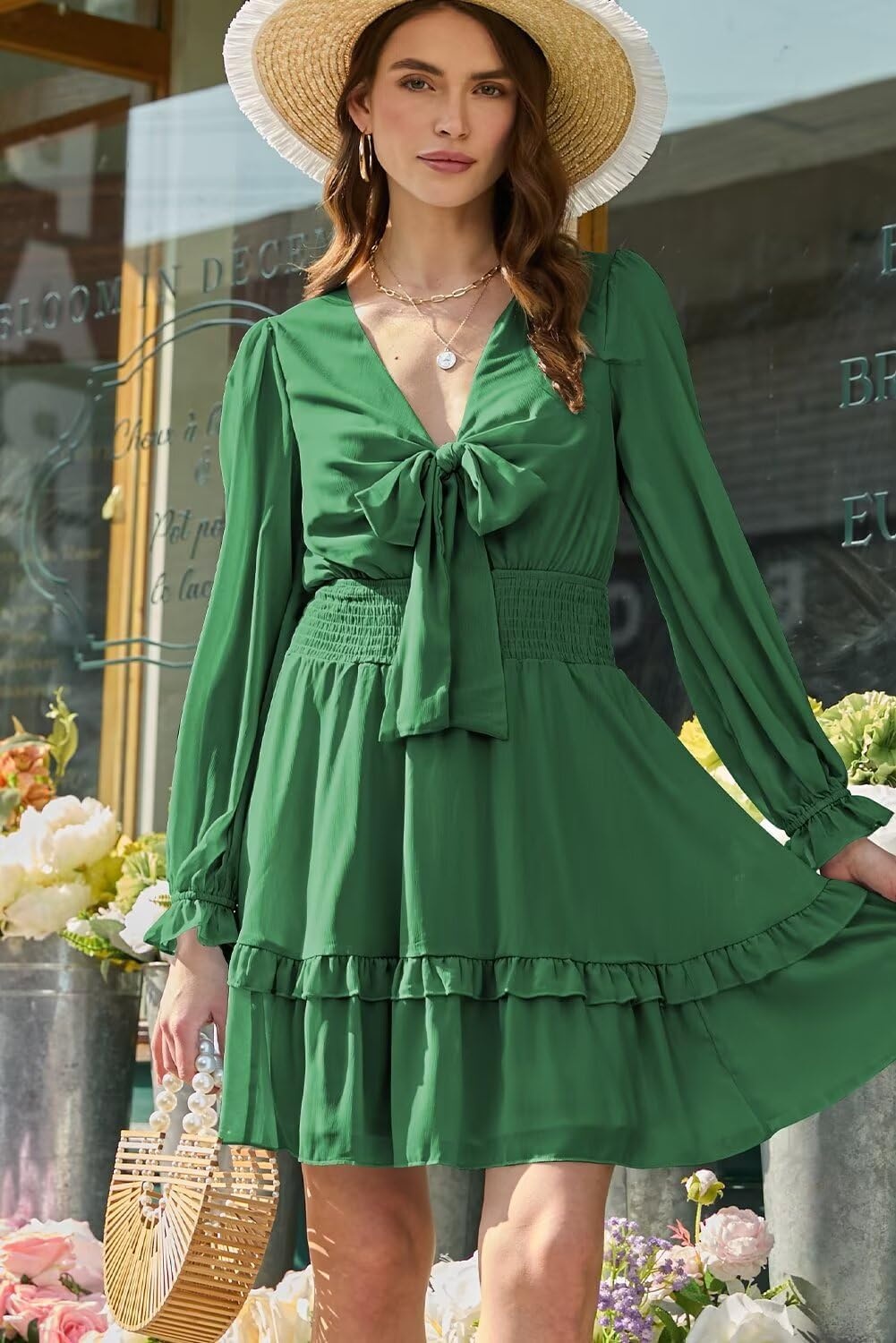 image:imageDokotoo Womens Casual Spring Fall 2025 Deep V Neck Knotted Tiered Chiffon Elegant Mini Short Swing Skater Dresses3 Dark Green