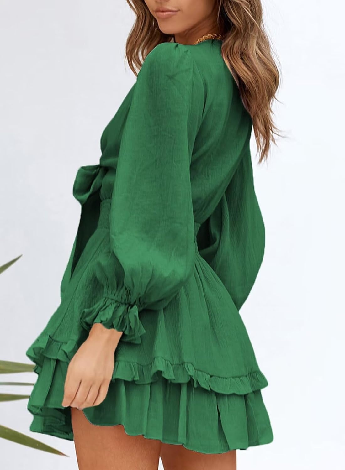image:imageDokotoo Womens Casual Spring Fall 2025 Deep V Neck Knotted Tiered Chiffon Elegant Mini Short Swing Skater Dresses3 Dark Green