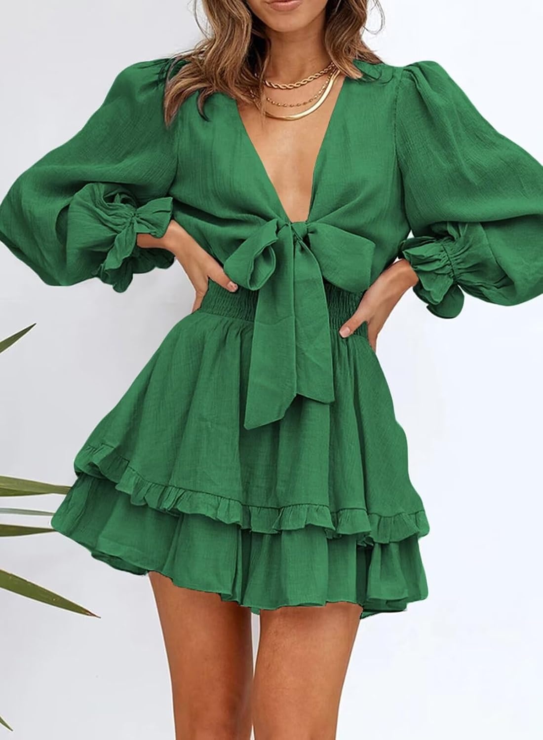 image:imageDokotoo Womens Casual Spring Fall 2025 Deep V Neck Knotted Tiered Chiffon Elegant Mini Short Swing Skater Dresses3 Dark Green