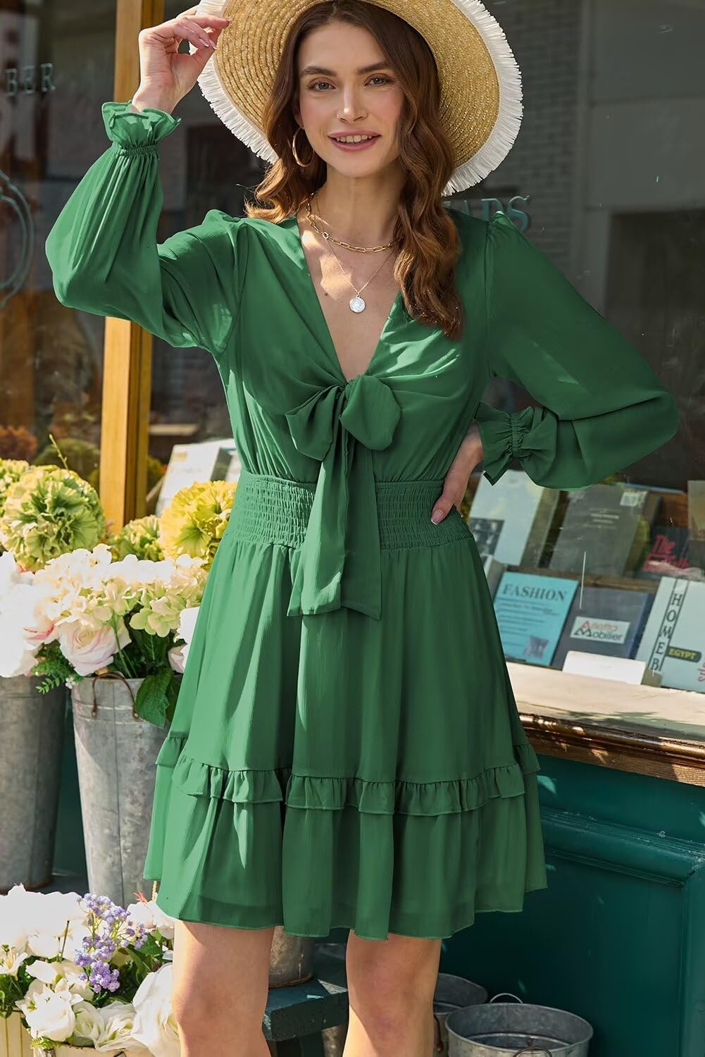 image:imageDokotoo Womens Casual Spring Fall 2025 Deep V Neck Knotted Tiered Chiffon Elegant Mini Short Swing Skater Dresses3 Dark Green