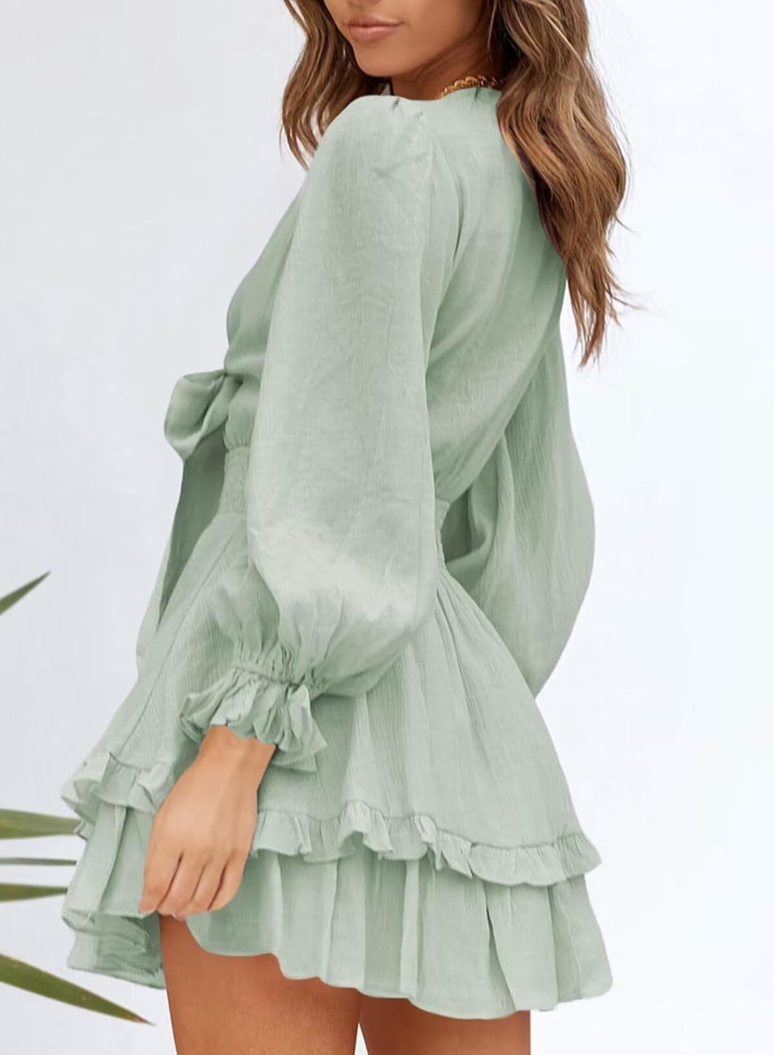 image:imageDokotoo Womens Casual Spring Fall 2025 Deep V Neck Knotted Tiered Chiffon Elegant Mini Short Swing Skater Dresses3 Green